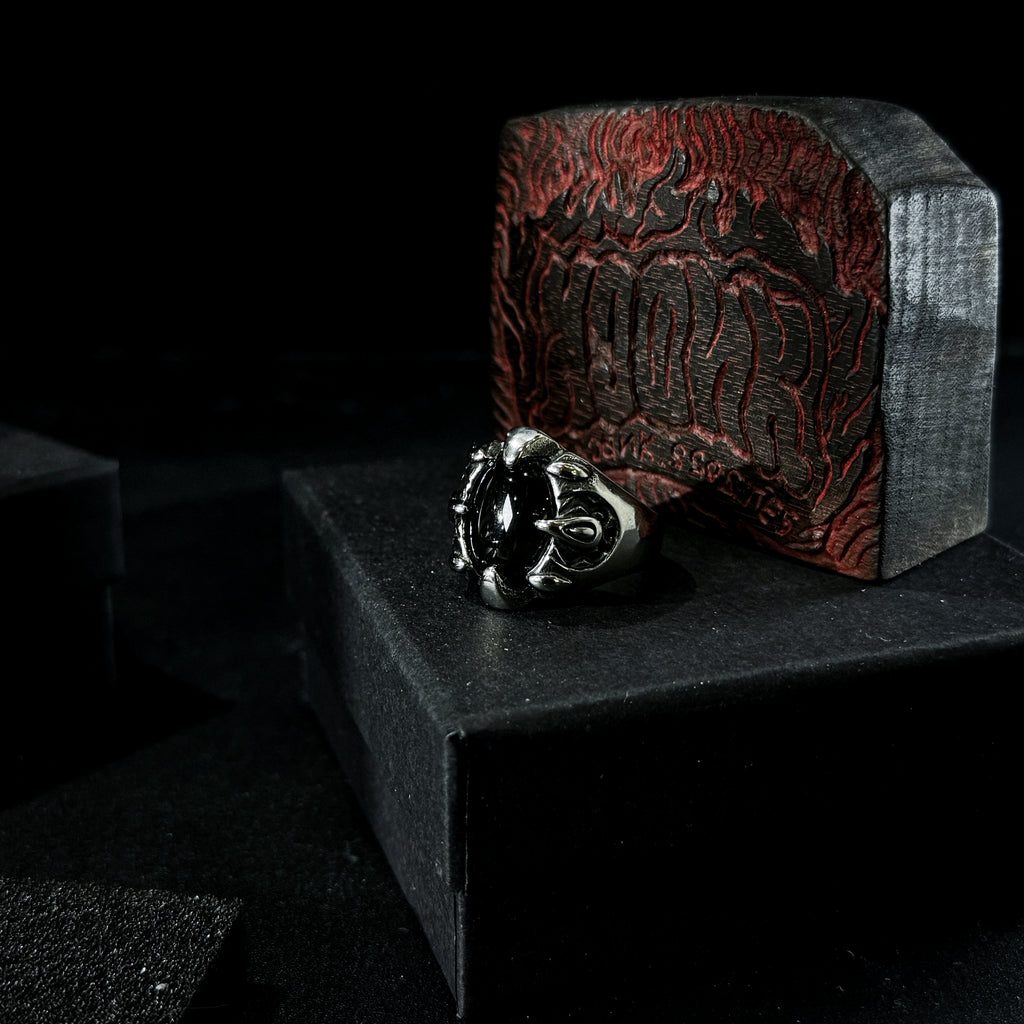 Yuuzo 925 Japan Gothic Dark Obsidian Ring • Vintage Engraved Large Stone Art Band for Men & Women