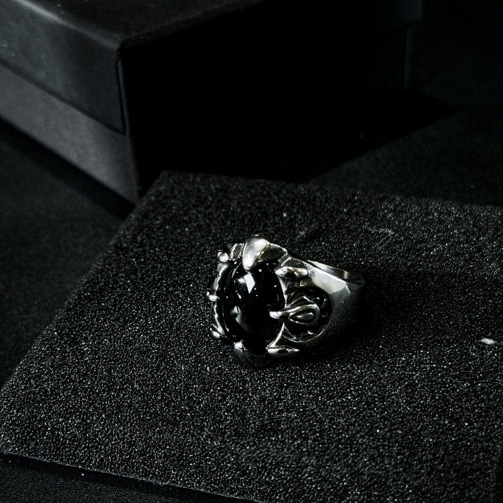 Yuuzo 925 Japan Gothic Dark Obsidian Ring • Vintage Engraved Large Stone Art Band for Men & Women