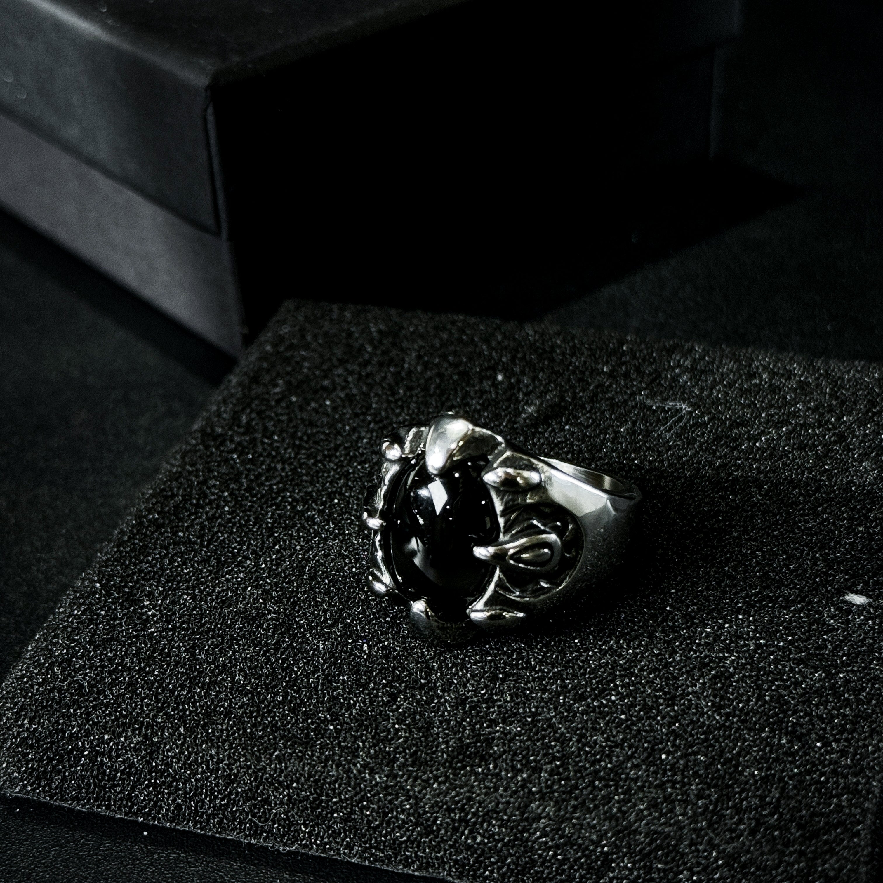 Yuuzo 925 Japan Gothic Dark Obsidian Ring • Vintage Engraved Large Stone Art Band for Men & Women