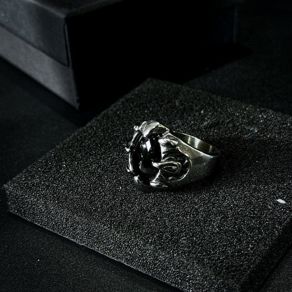Yuuzo 925 Japan Gothic Dark Obsidian Ring • Vintage Engraved Large Stone Art Band for Men & Women