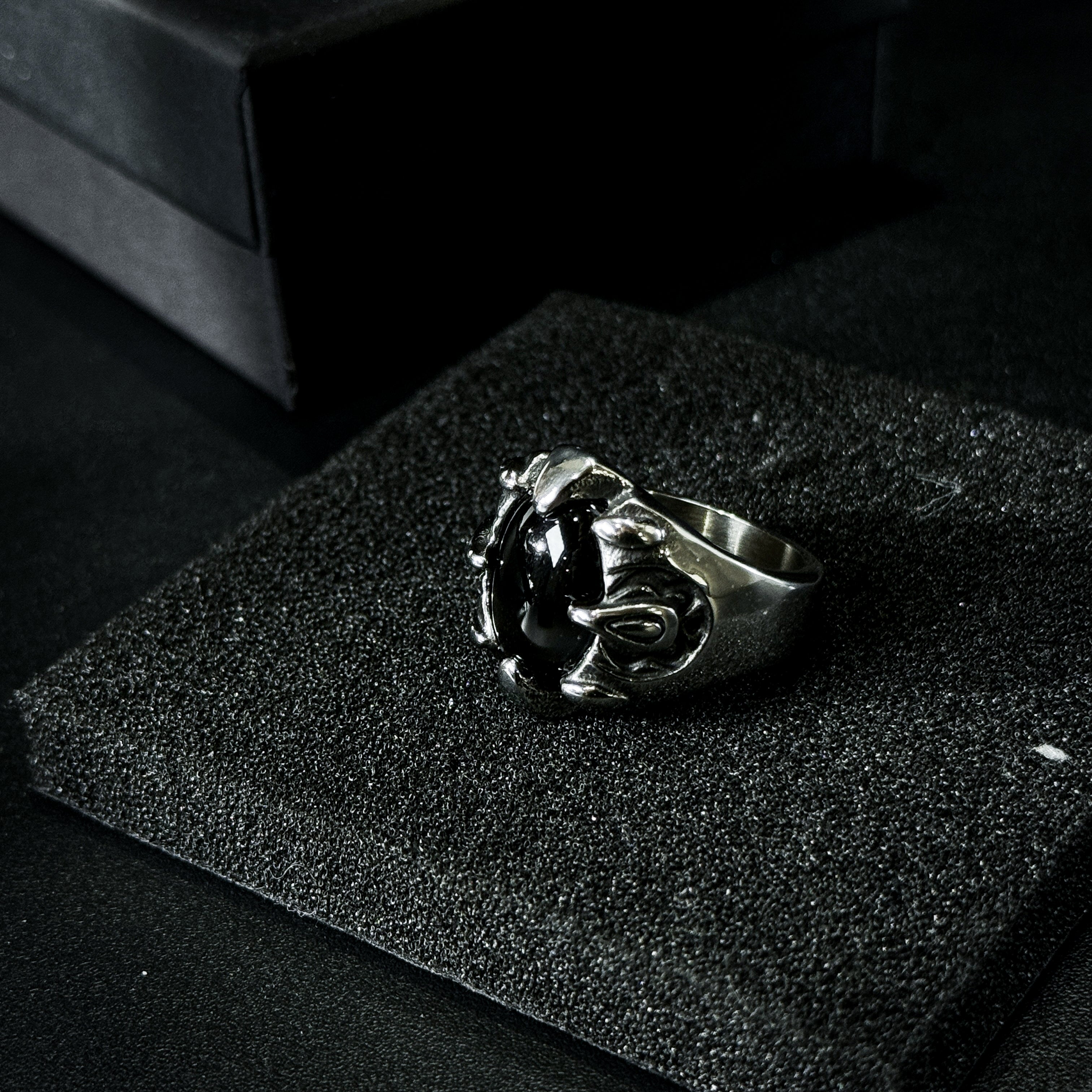 Yuuzo 925 Japan Gothic Dark Obsidian Ring • Vintage Engraved Large Stone Art Band for Men & Women