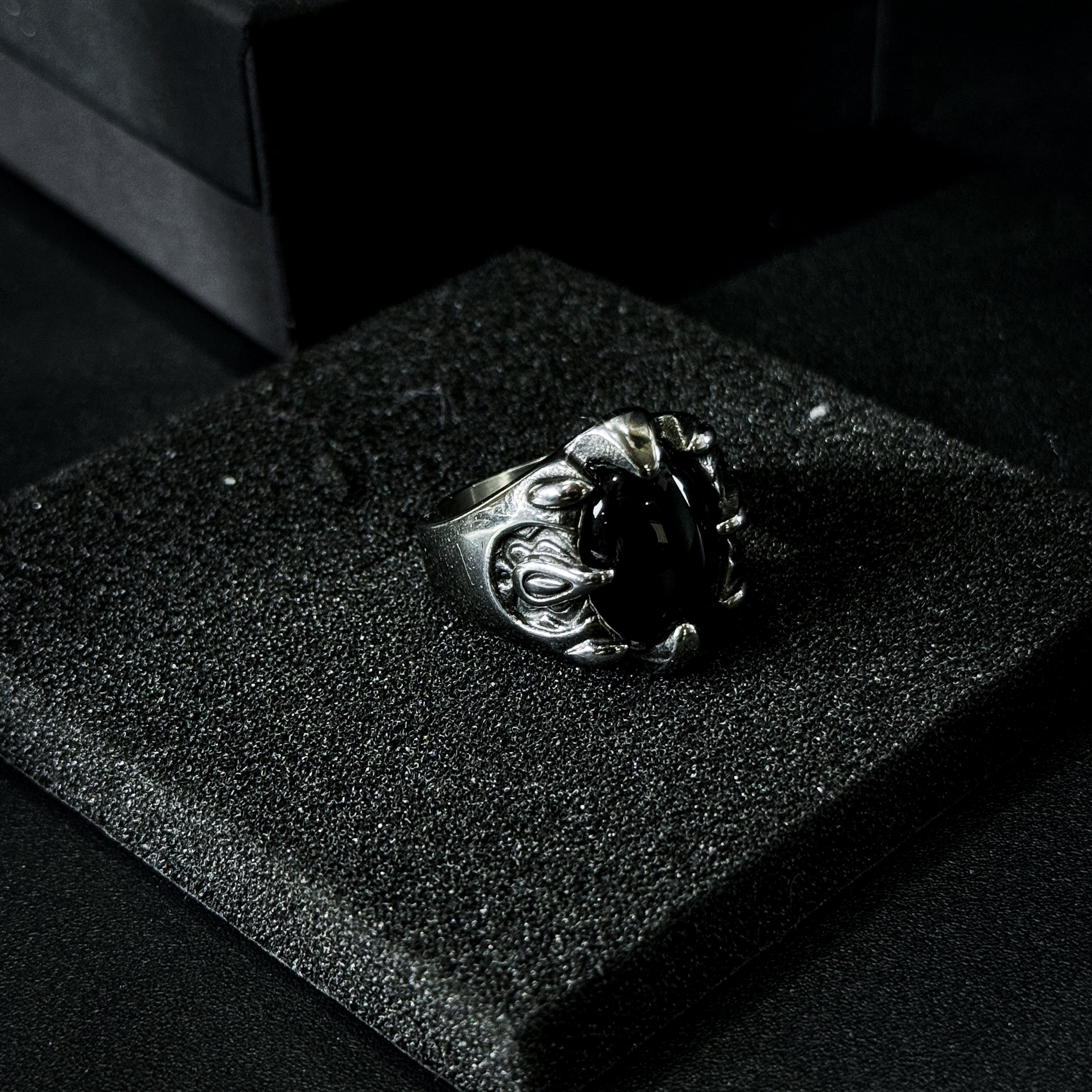 Yuuzo 925 Japan Gothic Dark Obsidian Ring • Vintage Engraved Large Stone Art Band for Men & Women