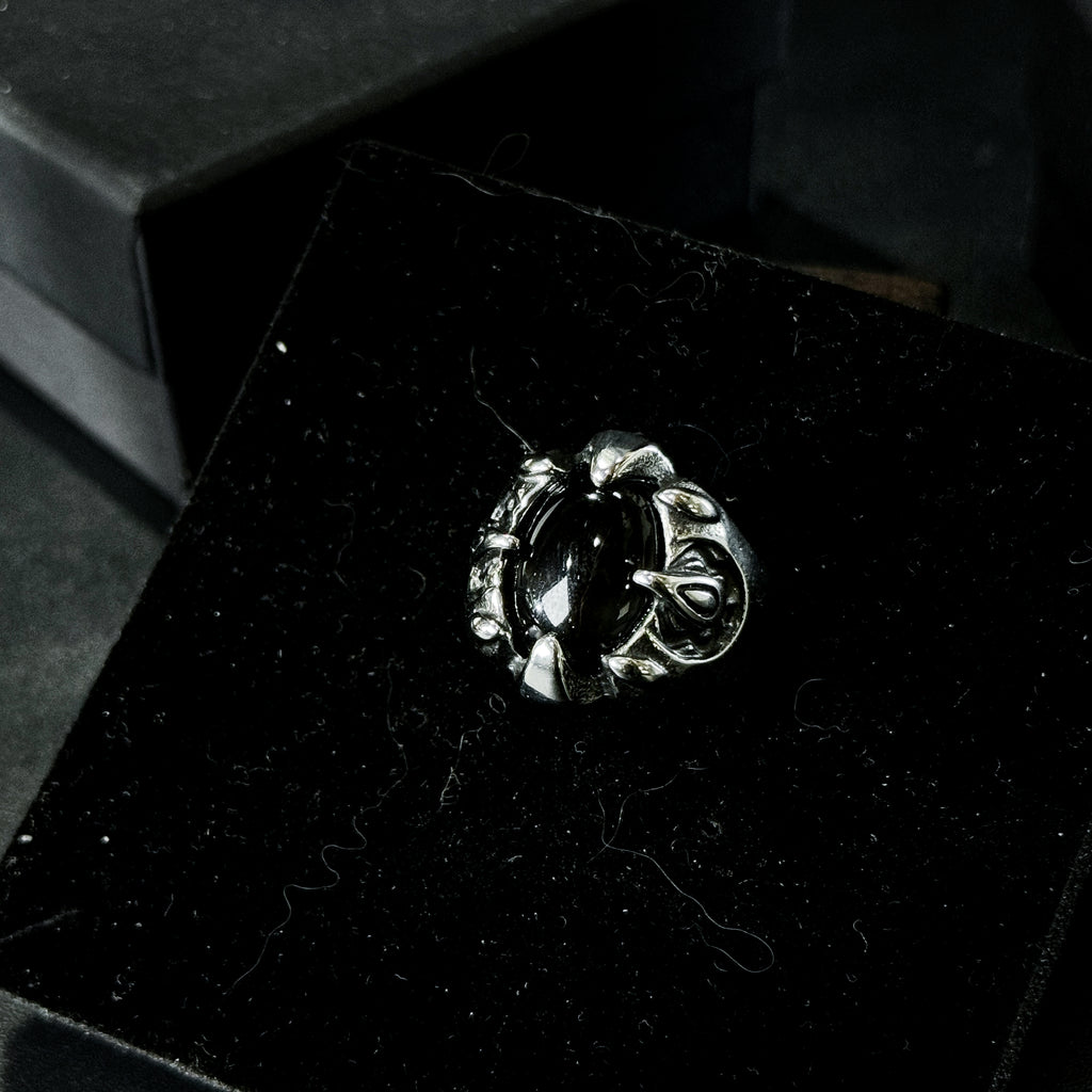 Yuuzo 925 Japan Gothic Dark Obsidian Ring • Vintage Engraved Large Stone Art Band for Men & Women
