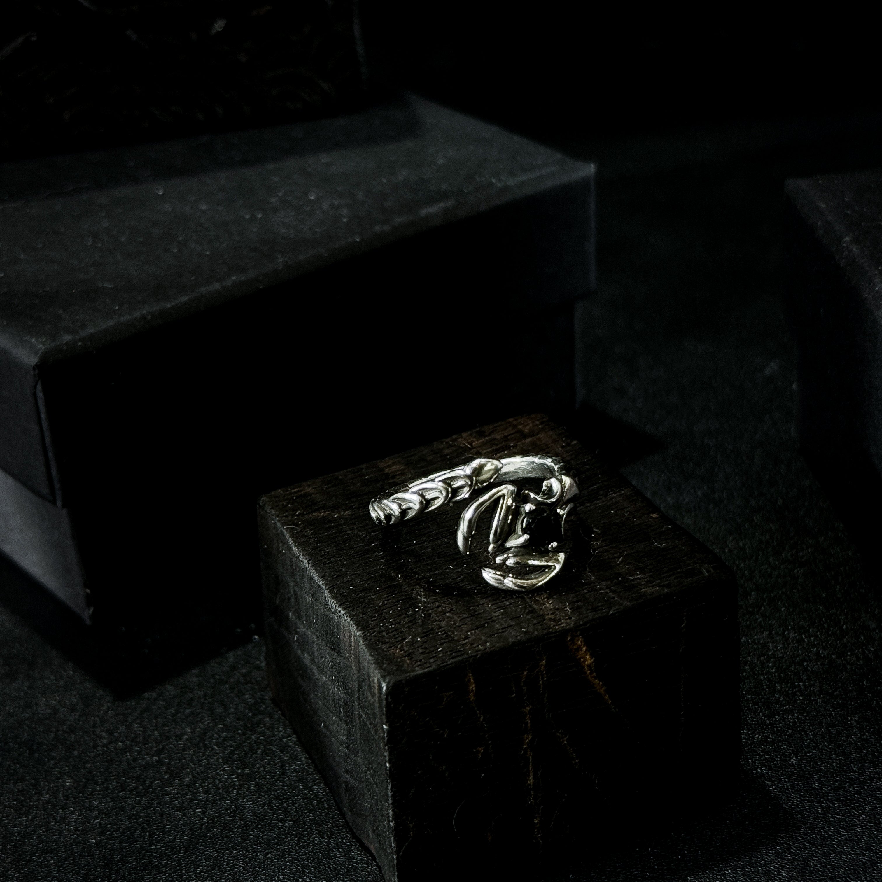 Yuuzo 925 Japan Scorpion Black Stone Ring • Dark Gothic Vintage Inlaid Engraved Art Band for Men & Women
