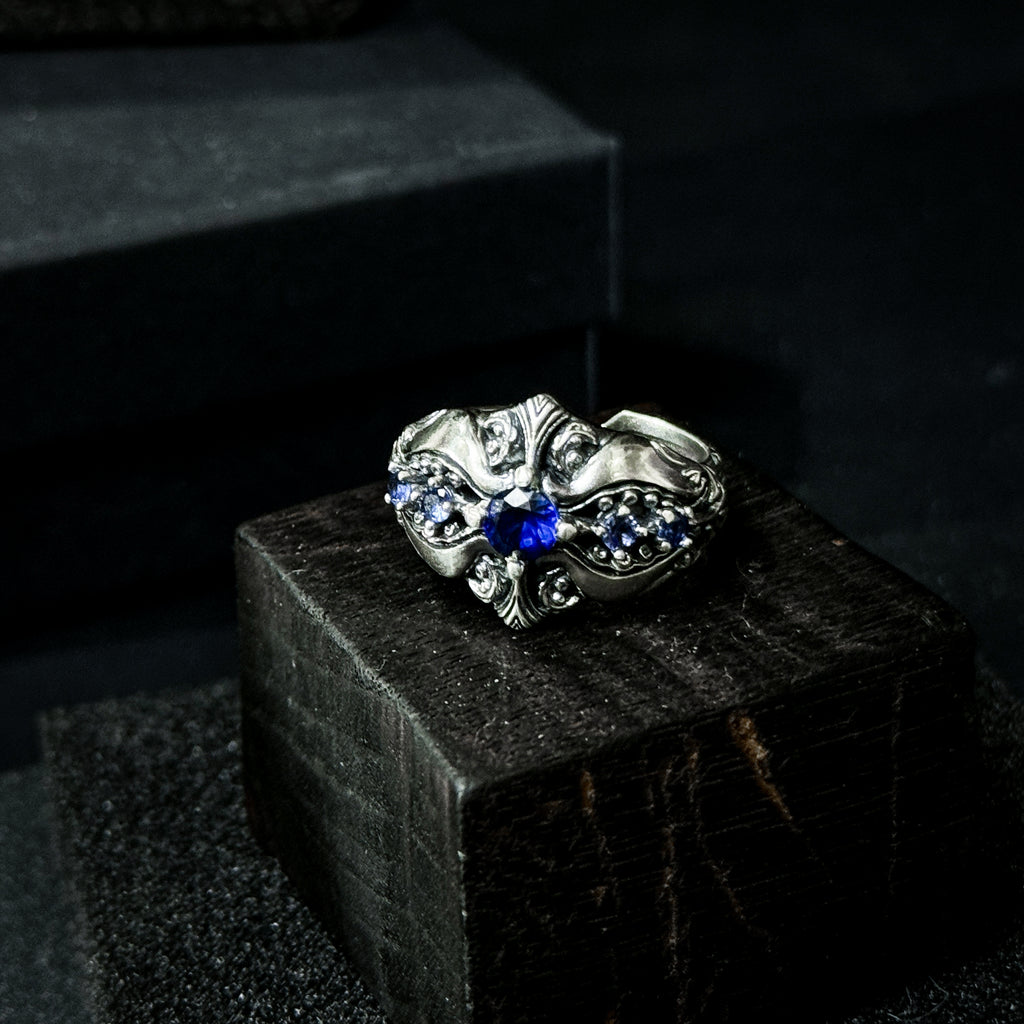 Yuuzo 925 Japan Dark Sapphire Art Ring • Gothic Textured Engraved Band for Men & Women