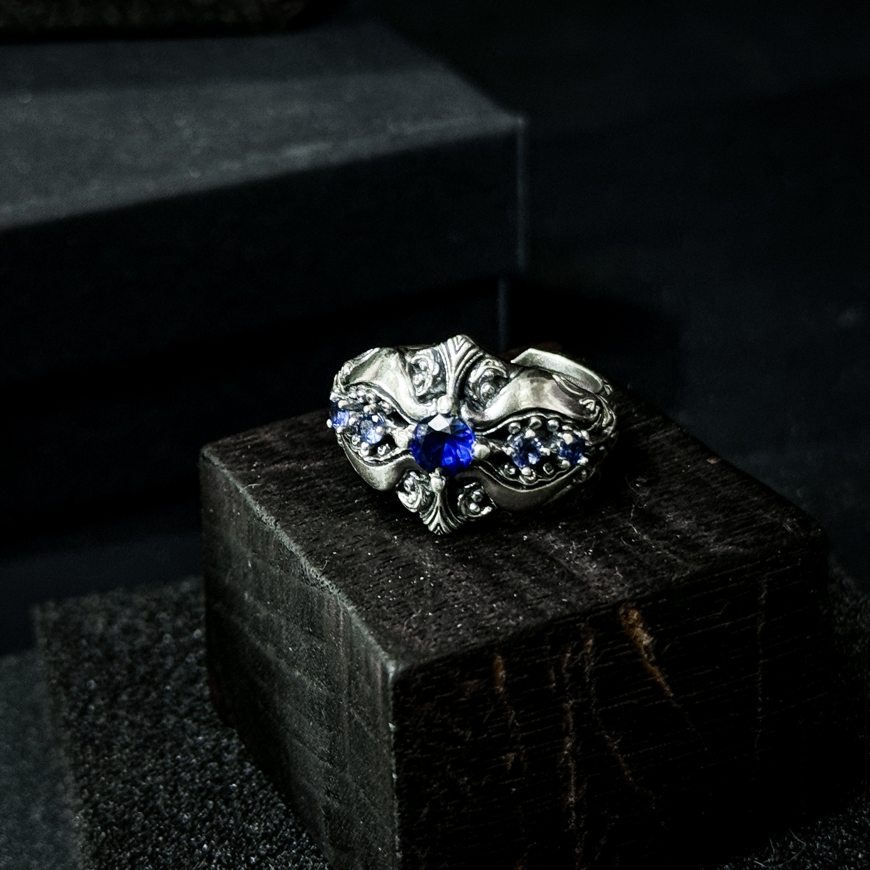 Yuuzo 925 Japan Dark Sapphire Art Ring • Gothic Textured Engraved Band for Men & Women