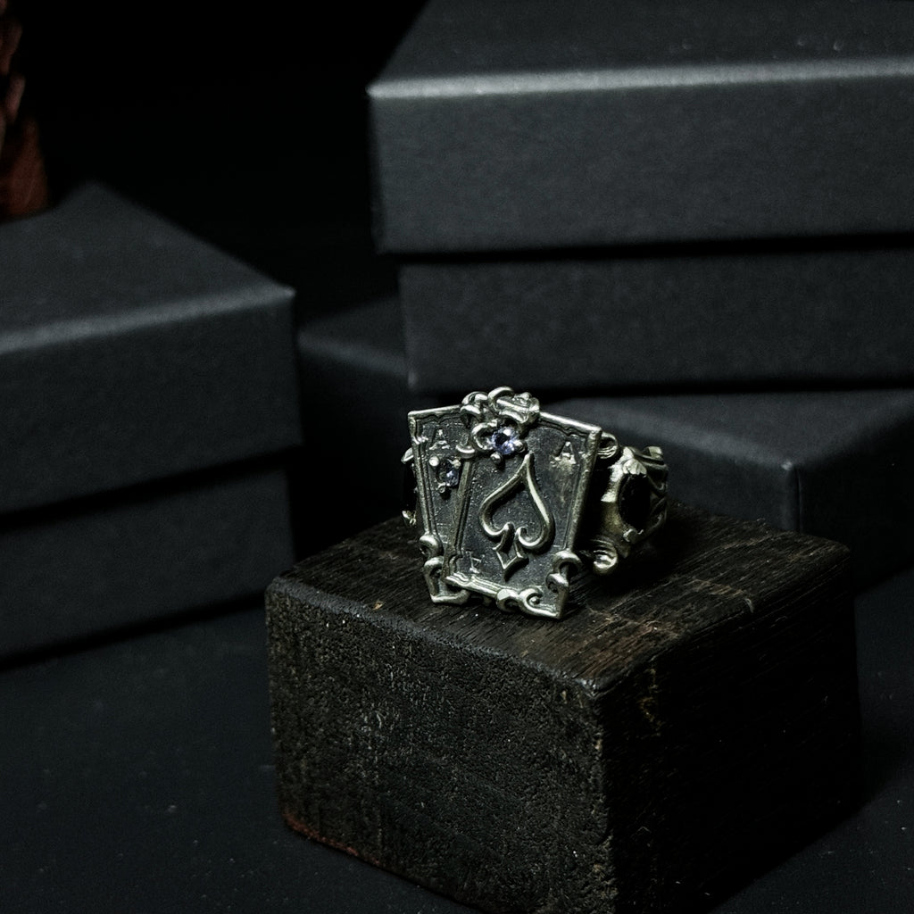 Yuuzo 925 Japan Ace of Spades Poker Ring • Dark Gothic Vintage Card-Inspired Engraved Art Band for Men & Women