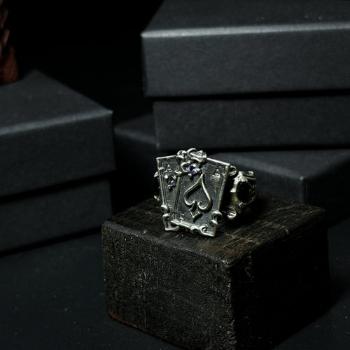 Yuuzo 925 Japan Ace of Spades Poker Ring • Dark Gothic Vintage Card-Inspired Engraved Art Band for Men & Women