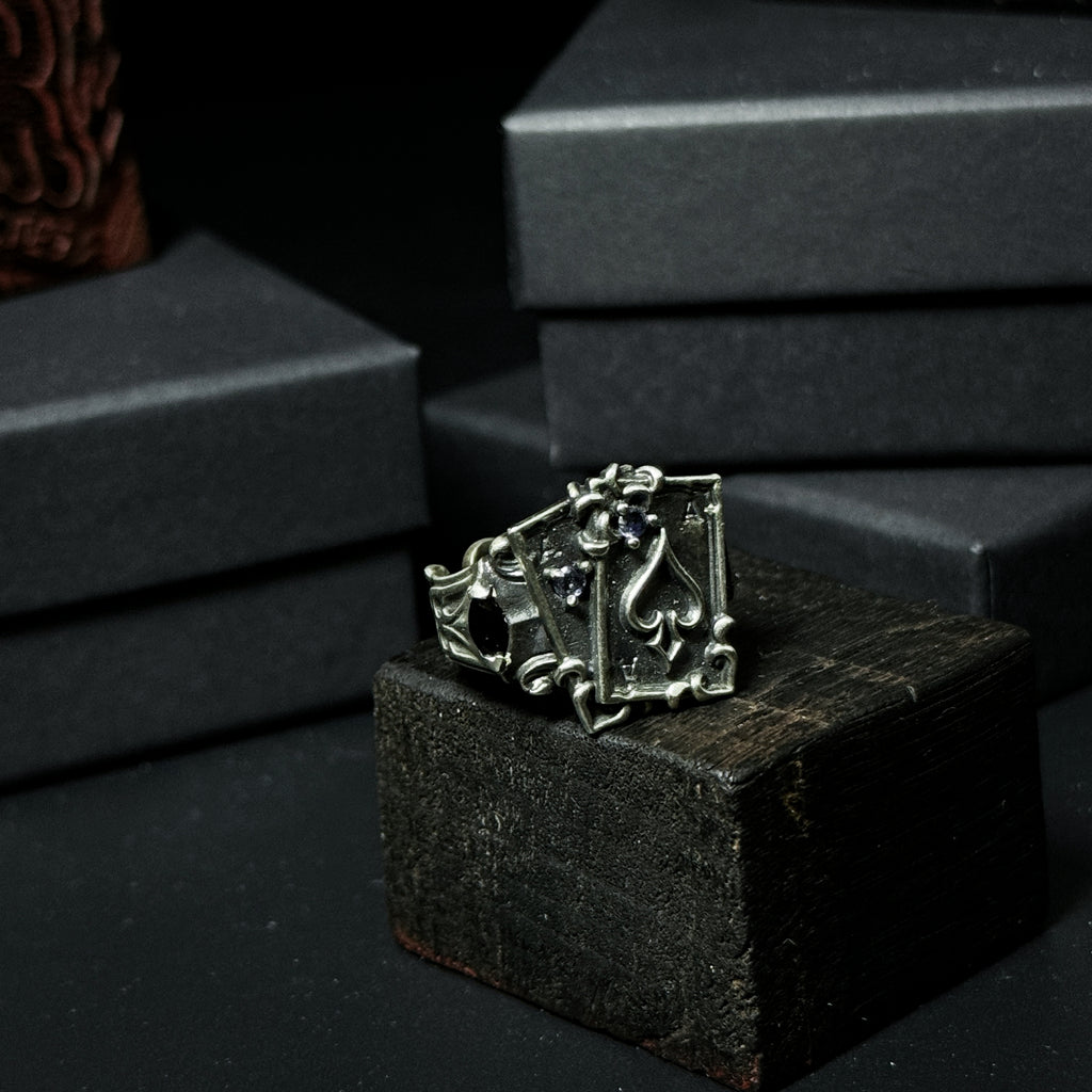 Yuuzo 925 Japan Ace of Spades Poker Ring • Dark Gothic Vintage Card-Inspired Engraved Art Band for Men & Women