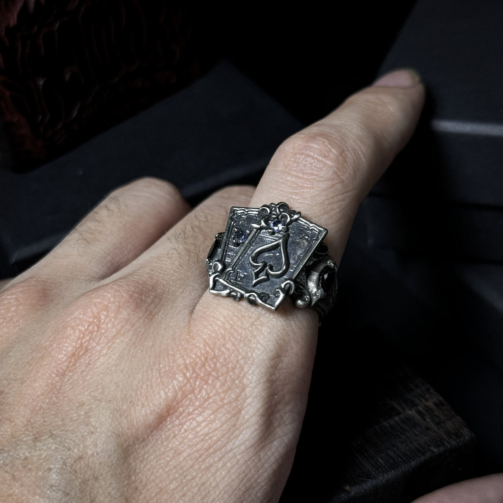 Yuuzo 925 Japan Ace of Spades Poker Ring • Dark Gothic Vintage Card-Inspired Engraved Art Band for Men & Women