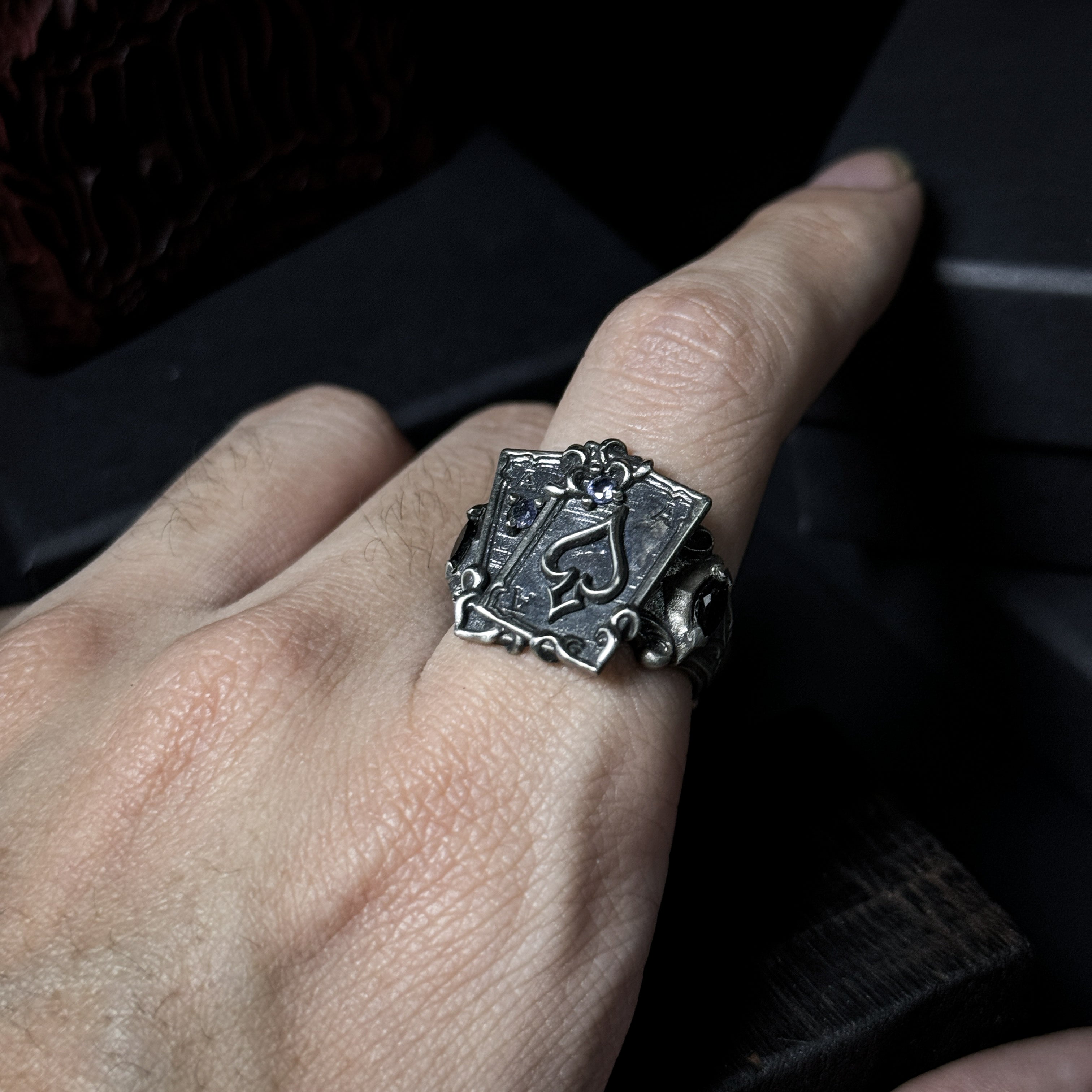 Yuuzo 925 Japan Ace of Spades Poker Ring • Dark Gothic Vintage Card-Inspired Engraved Art Band for Men & Women