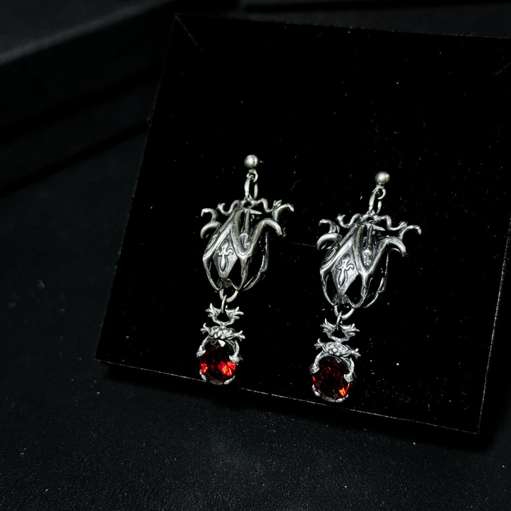 Yuuzo 925 Japan Vintage Gothic Red Dark Stone Earrings • Intricate Engraved Art Dangle Earrings for Men & Women