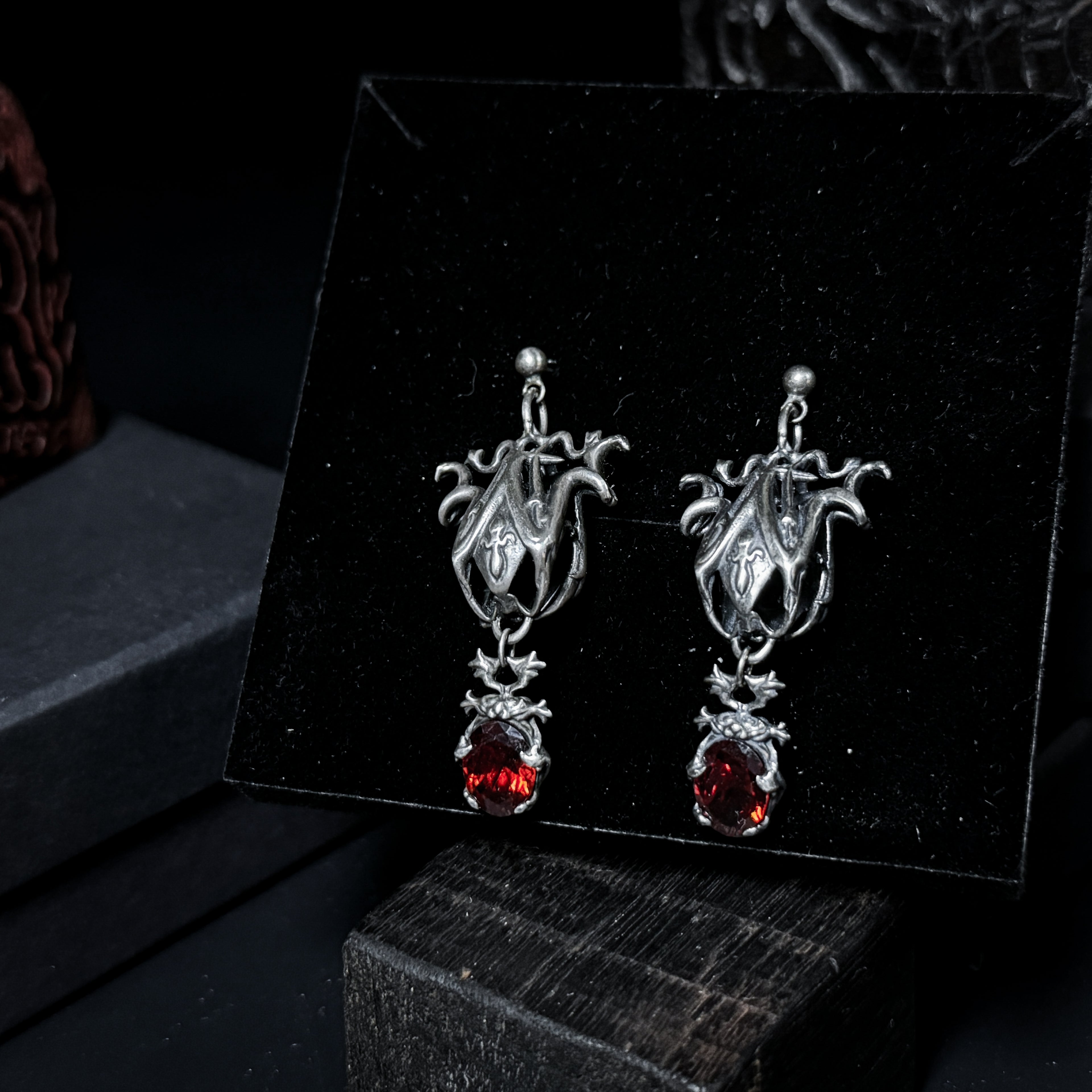 Yuuzo 925 Japan Vintage Gothic Red Dark Stone Earrings • Intricate Engraved Art Dangle Earrings for Men & Women