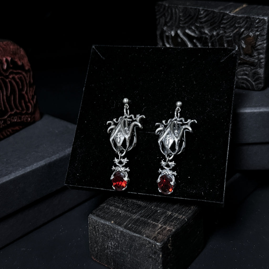 Yuuzo 925 Japan Vintage Gothic Red Dark Stone Earrings • Intricate Engraved Art Dangle Earrings for Men & Women