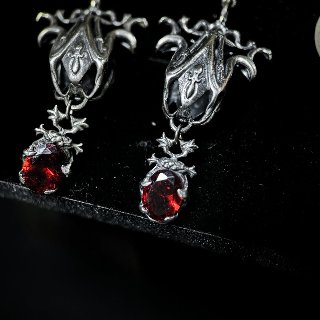 Yuuzo 925 Japan Vintage Gothic Red Dark Stone Earrings • Intricate Engraved Art Dangle Earrings for Men & Women