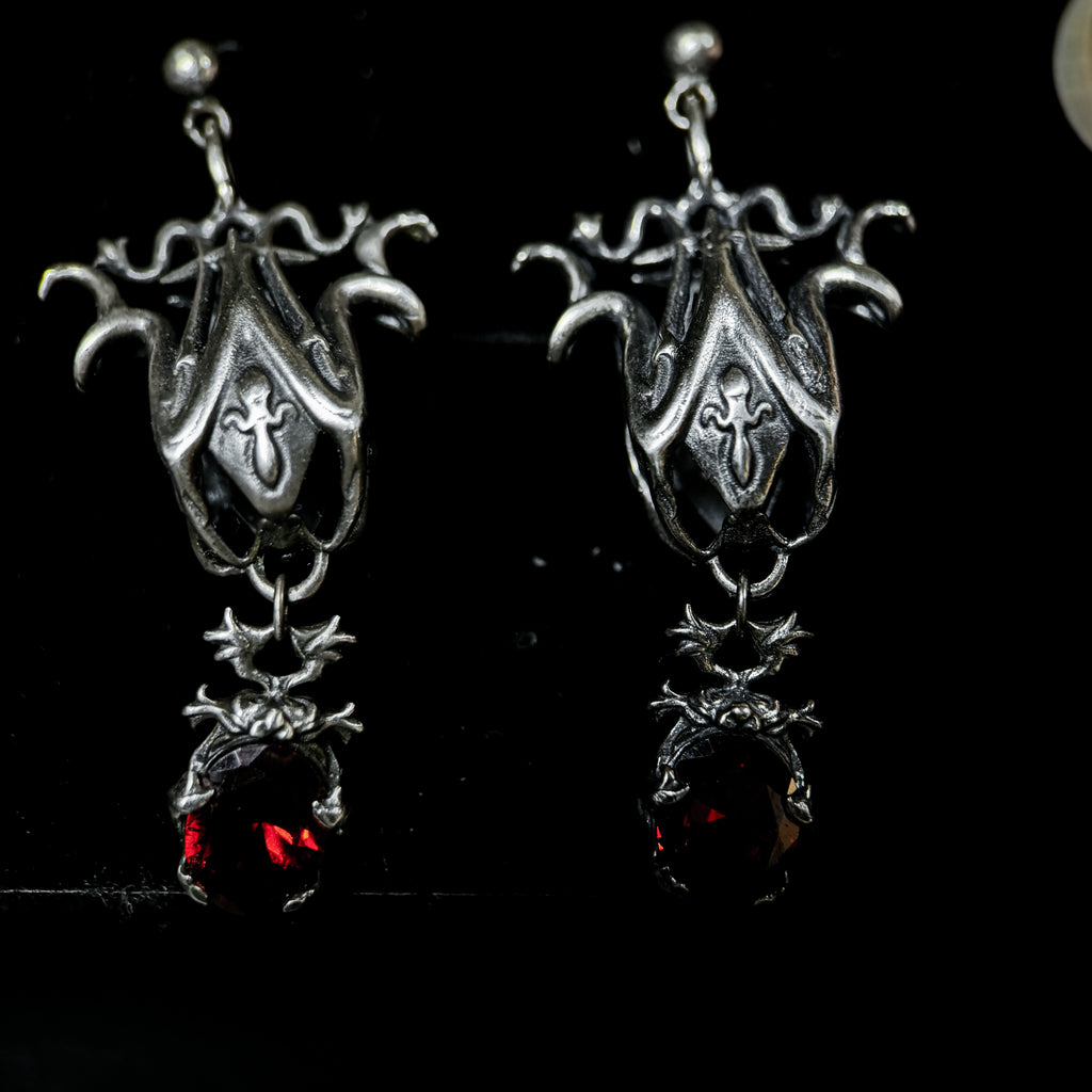 Yuuzo 925 Japan Vintage Gothic Red Dark Stone Earrings • Intricate Engraved Art Dangle Earrings for Men & Women