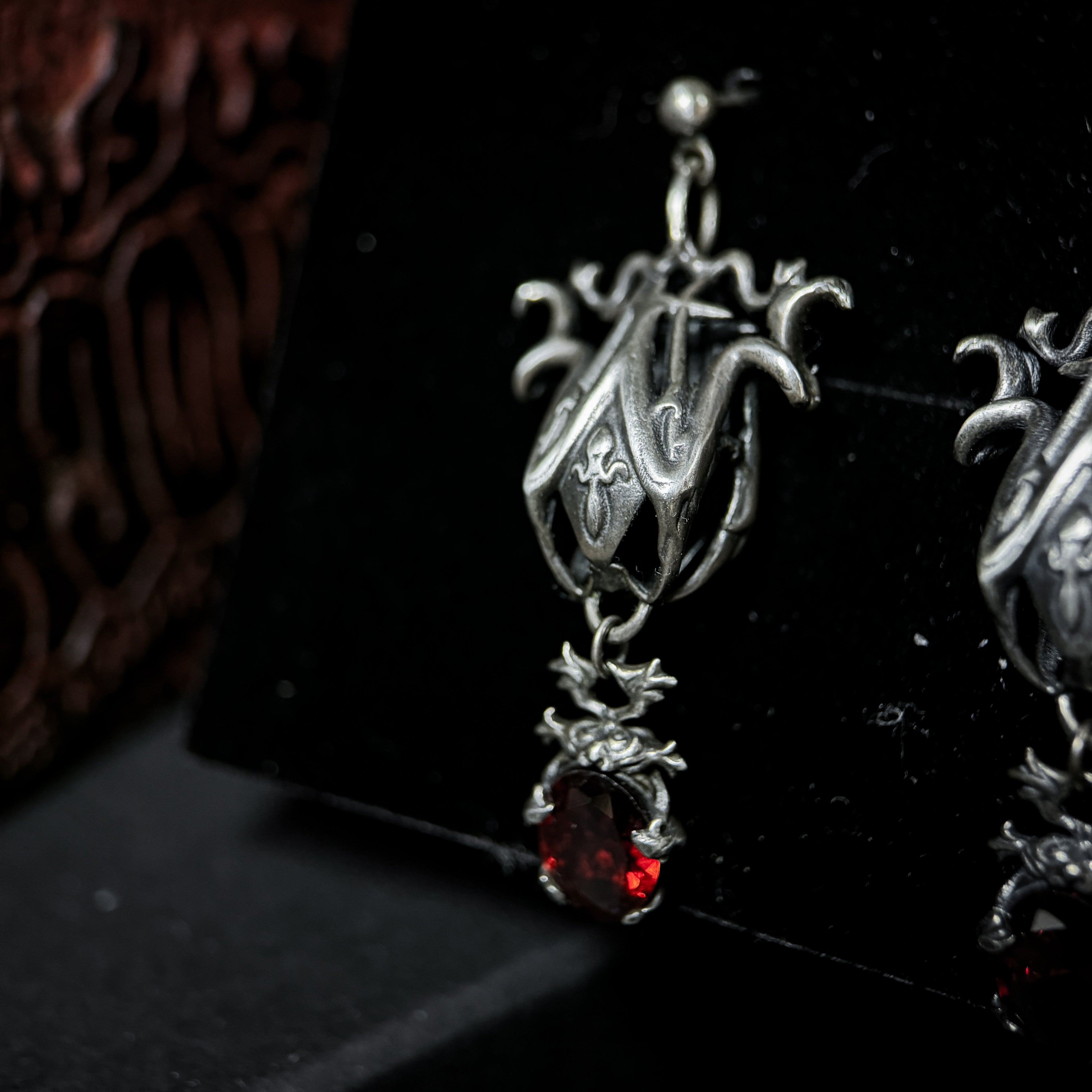 Yuuzo 925 Japan Vintage Gothic Red Dark Stone Earrings • Intricate Engraved Art Dangle Earrings for Men & Women