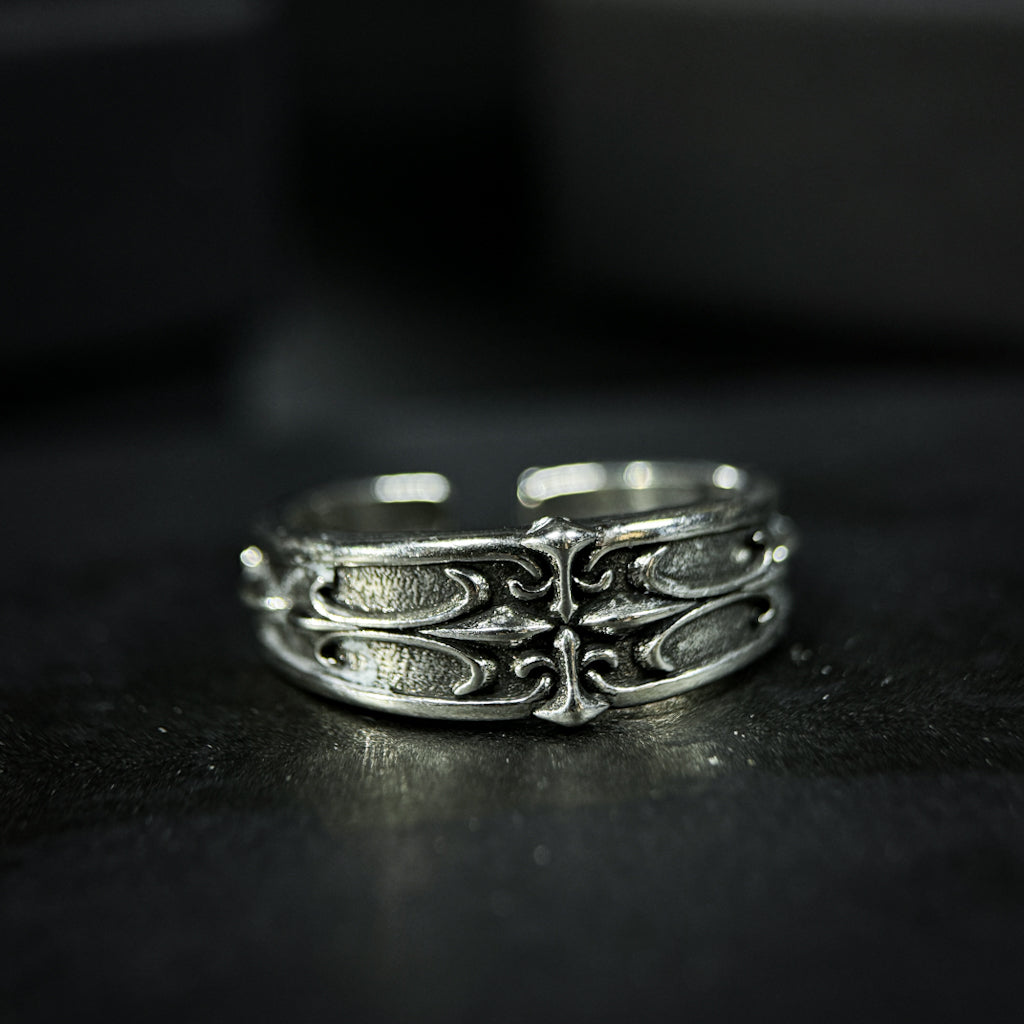 Yuuzo 925 Japan Vintage Cross Ring with Fleur-de-Lis • Engraved Art Band for Men & Women