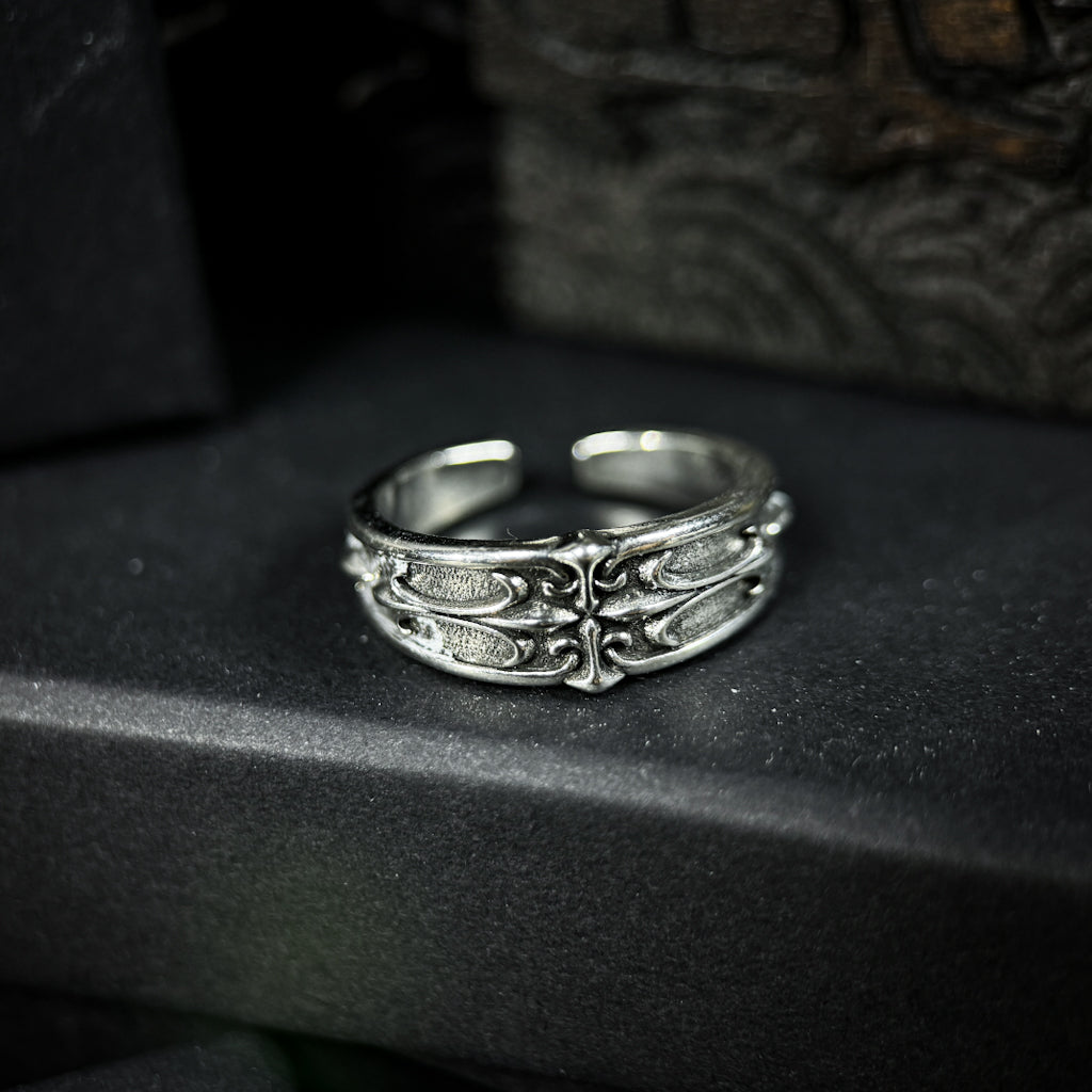 Yuuzo 925 Japan Vintage Cross Ring with Fleur-de-Lis • Engraved Art Band for Men & Women