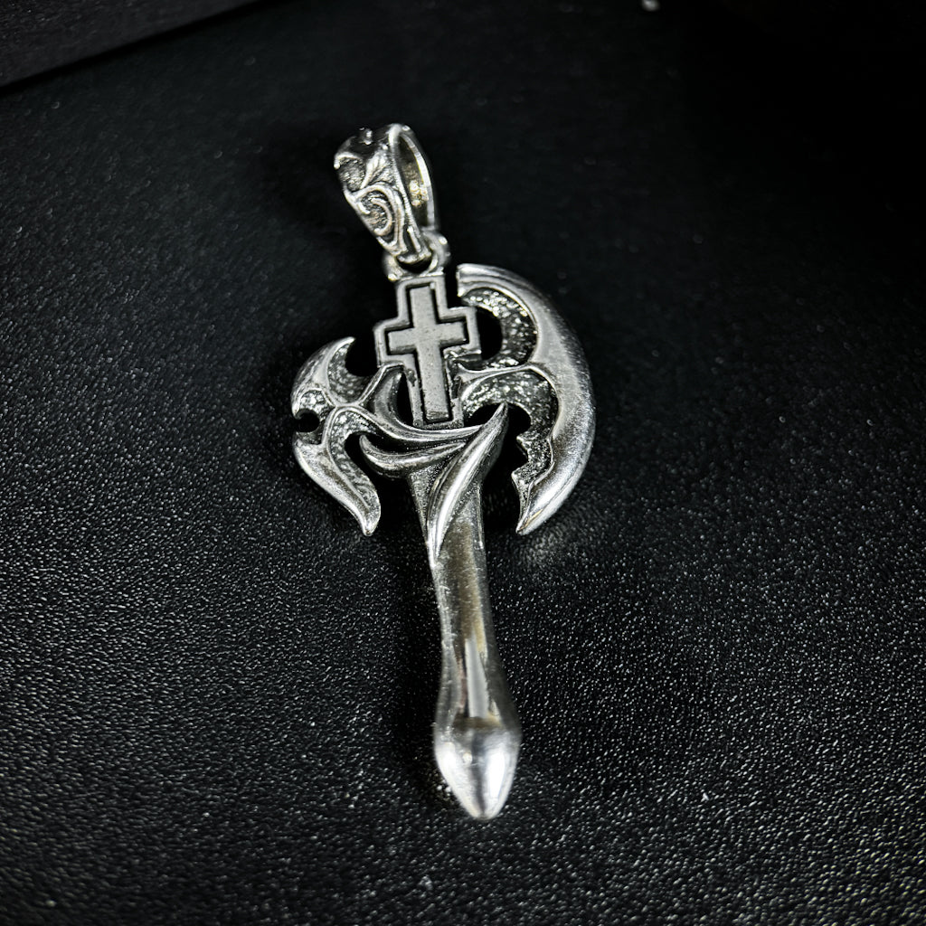 Yuuzo 925 Japan Artistic Axe Pendant • Dark Vintage Sculptural Cross Art Necklace Pendant for Men & Women