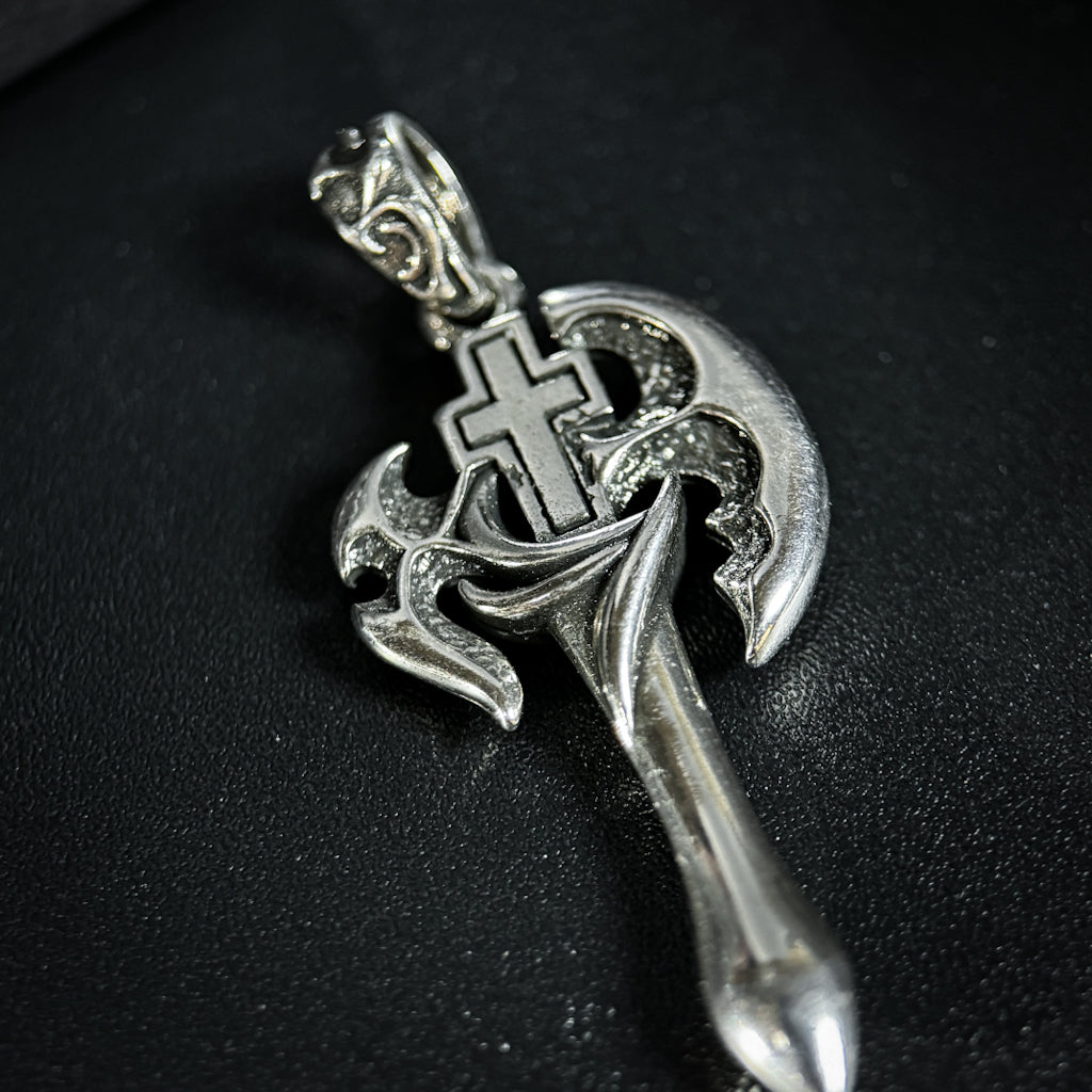 Yuuzo 925 Japan Artistic Axe Pendant • Dark Vintage Sculptural Cross Art Necklace Pendant for Men & Women