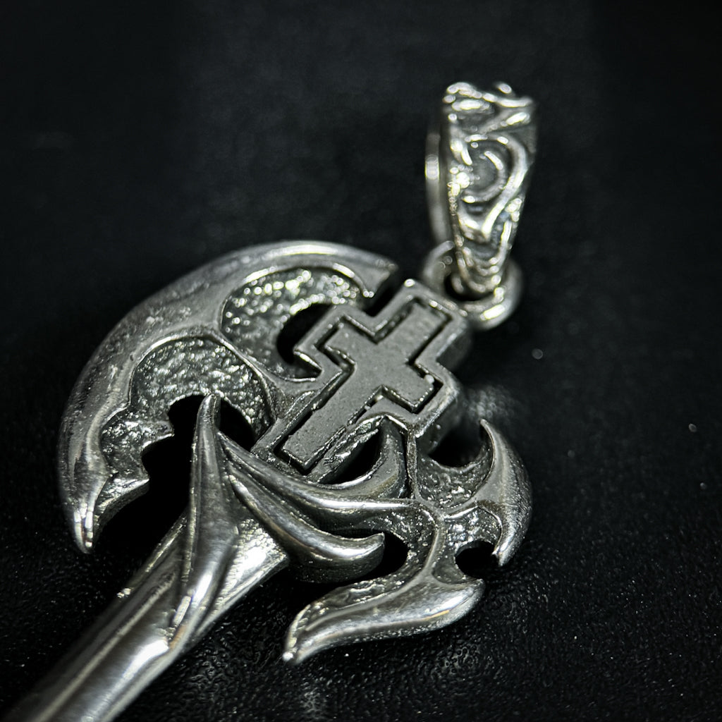 Yuuzo 925 Japan Artistic Axe Pendant • Dark Vintage Sculptural Cross Art Necklace Pendant for Men & Women