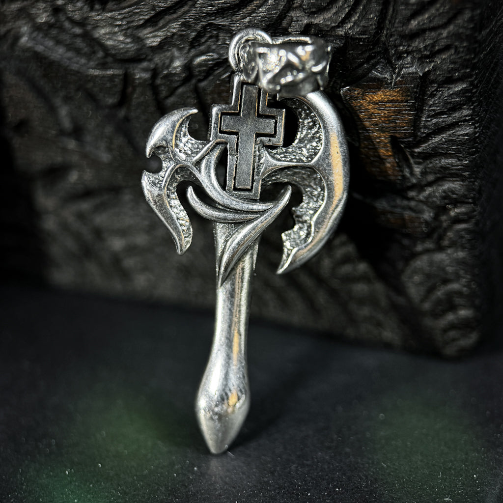 Yuuzo 925 Japan Artistic Axe Pendant • Dark Vintage Sculptural Cross Art Necklace Pendant for Men & Women