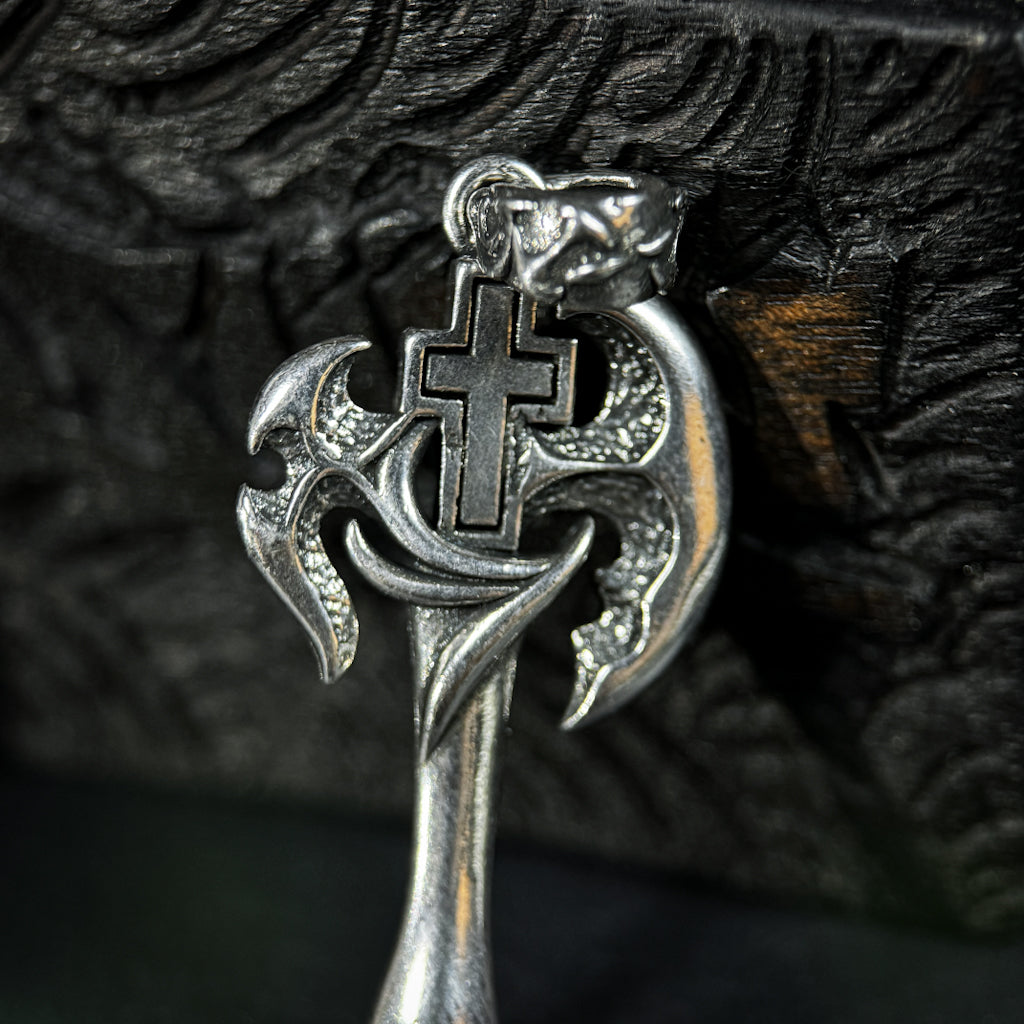 Yuuzo 925 Japan Artistic Axe Pendant • Dark Vintage Sculptural Cross Art Necklace Pendant for Men & Women