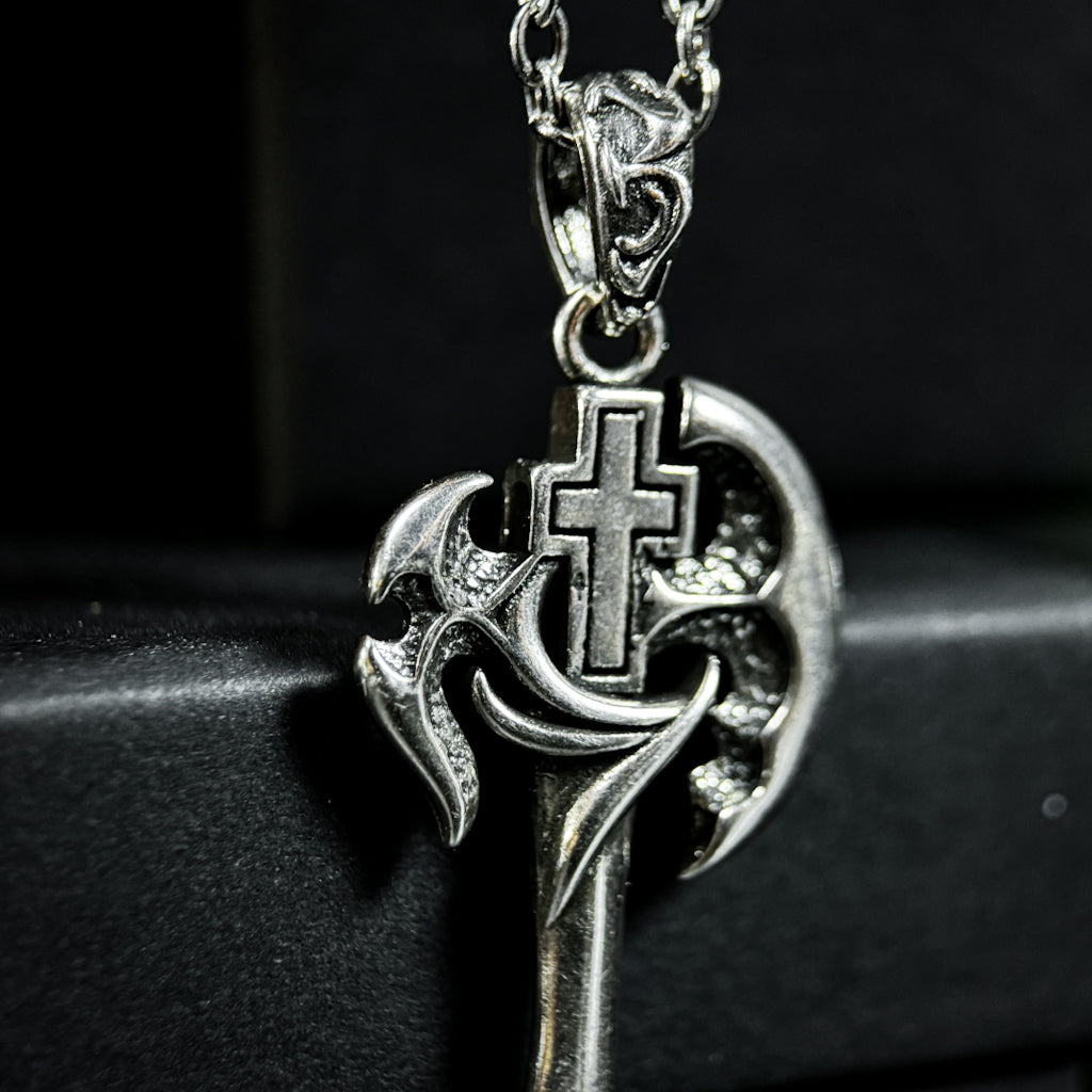Yuuzo 925 Japan Artistic Axe Pendant • Dark Vintage Sculptural Cross Art Necklace Pendant for Men & Women