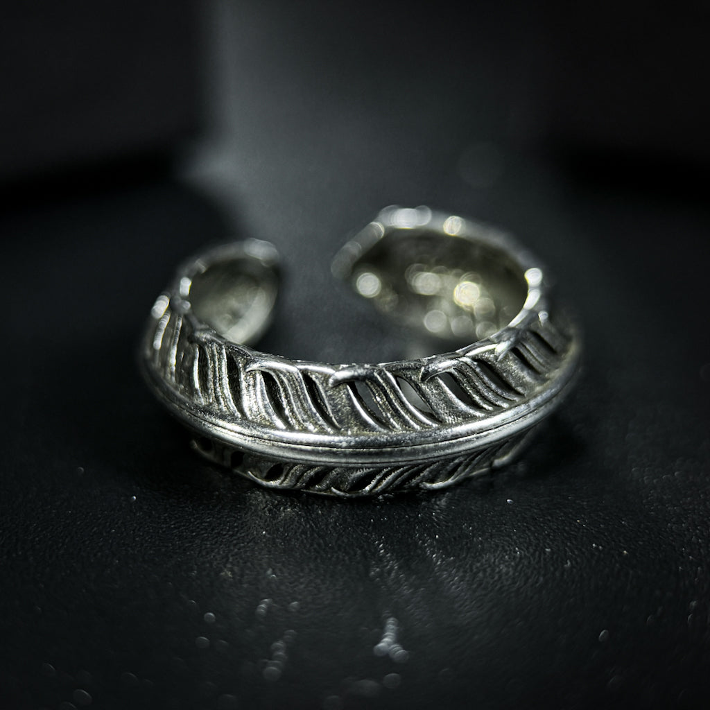 Yuuzo 925 Japan Feather Ring • Vintage Engraved Statement Open Band with Detailed Feather Texture for Men & Women
