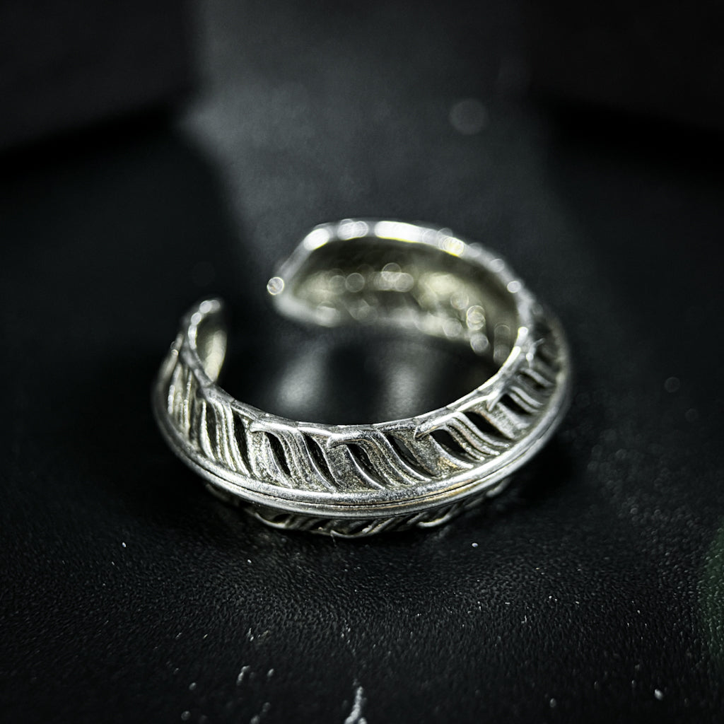 Yuuzo 925 Japan Feather Ring • Vintage Engraved Statement Open Band with Detailed Feather Texture for Men & Women