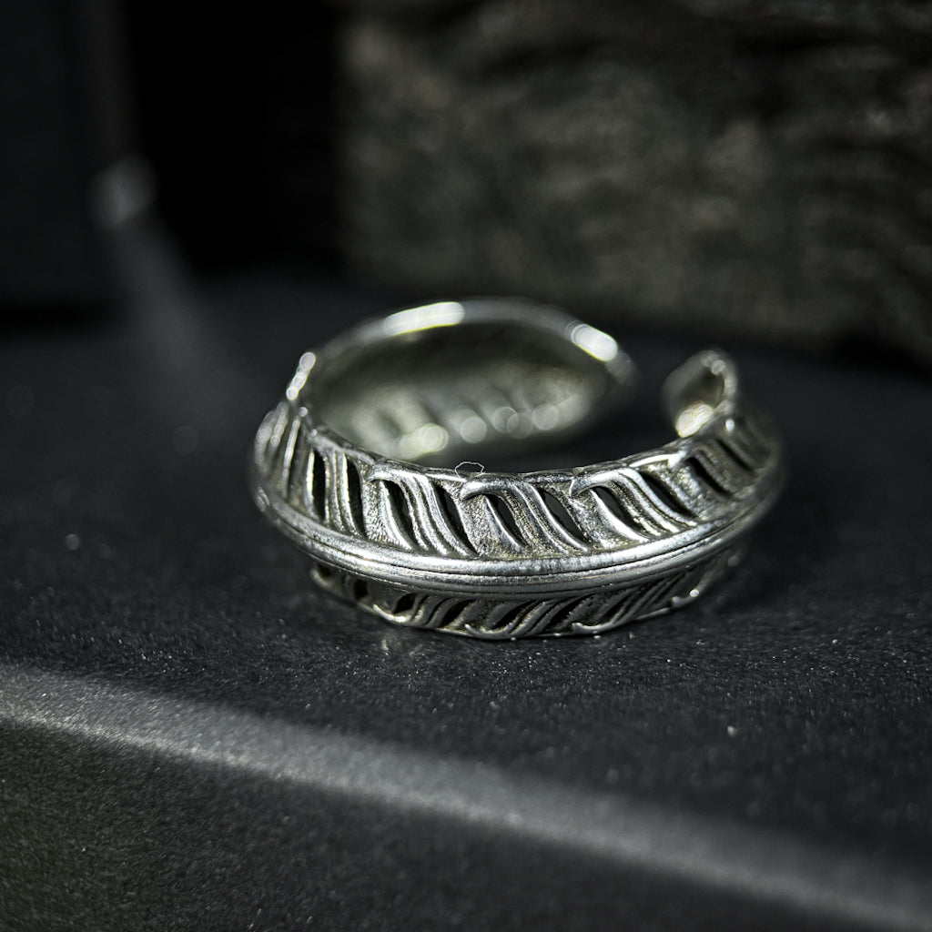 Yuuzo 925 Japan Feather Ring • Vintage Engraved Statement Open Band with Detailed Feather Texture for Men & Women
