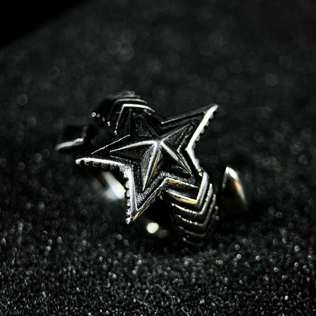 Yuuzo 925 Japan Vintage Five Point Star Ring • Classic Engraved Open Band with Bold Star Symbol Design for Men & Women
