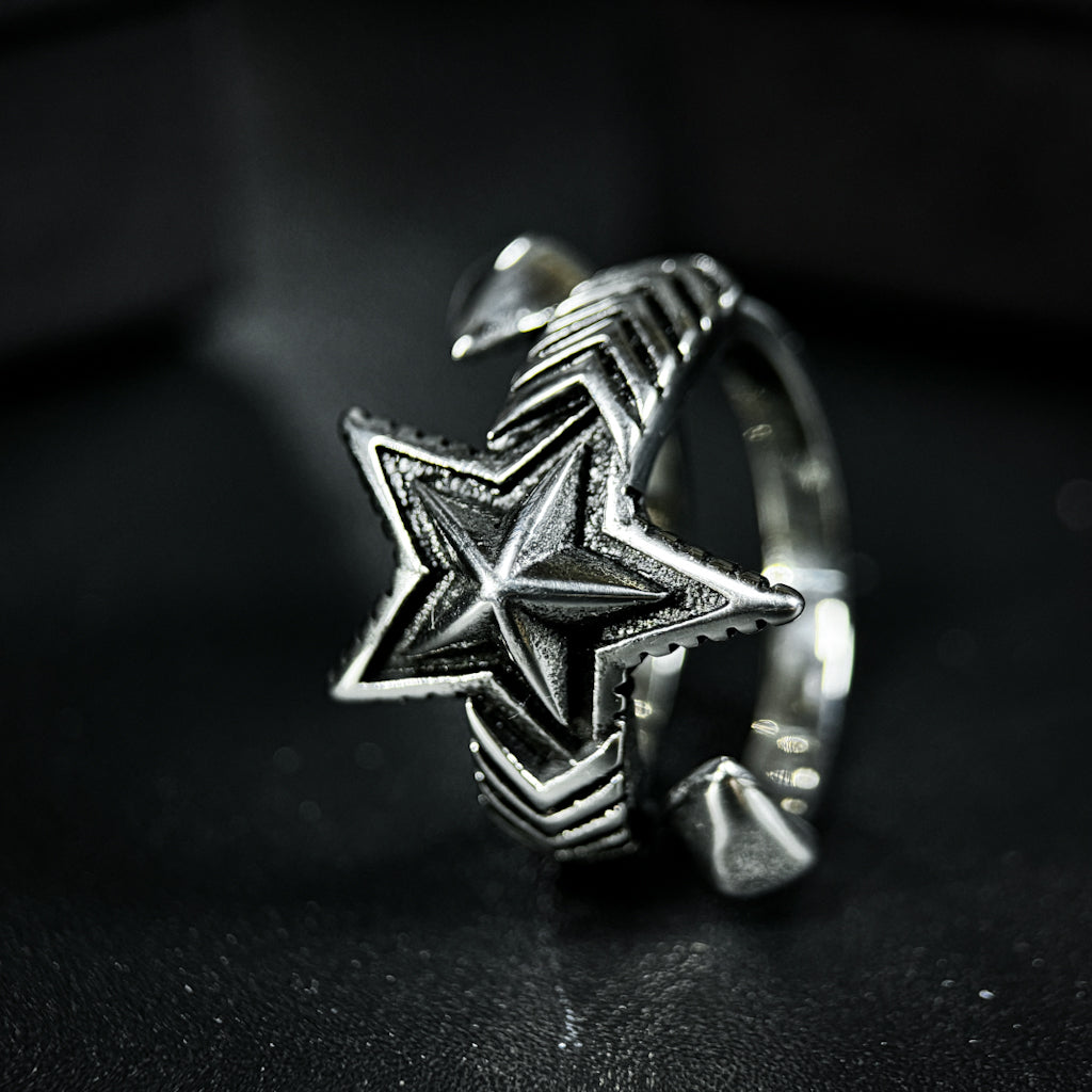 Yuuzo 925 Japan Vintage Five Point Star Ring • Classic Engraved Open Band with Bold Star Symbol Design for Men & Women