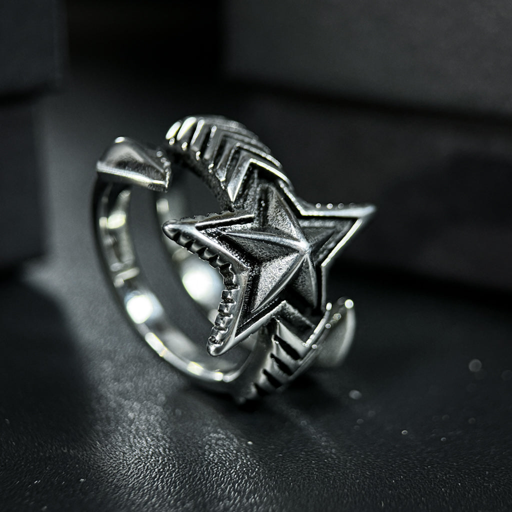 Yuuzo 925 Japan Vintage Five Point Star Ring • Classic Engraved Open Band with Bold Star Symbol Design for Men & Women