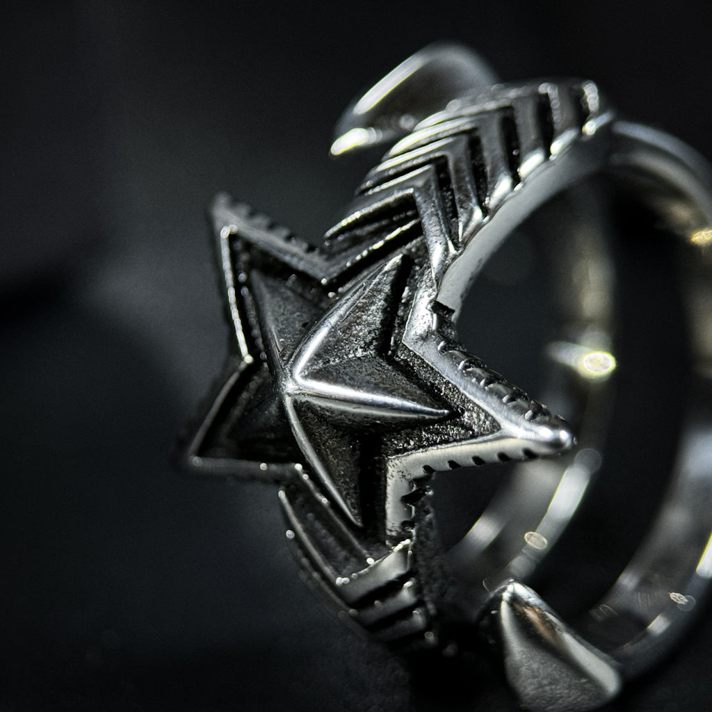 Yuuzo 925 Japan Vintage Five Point Star Ring • Classic Engraved Open Band with Bold Star Symbol Design for Men & Women