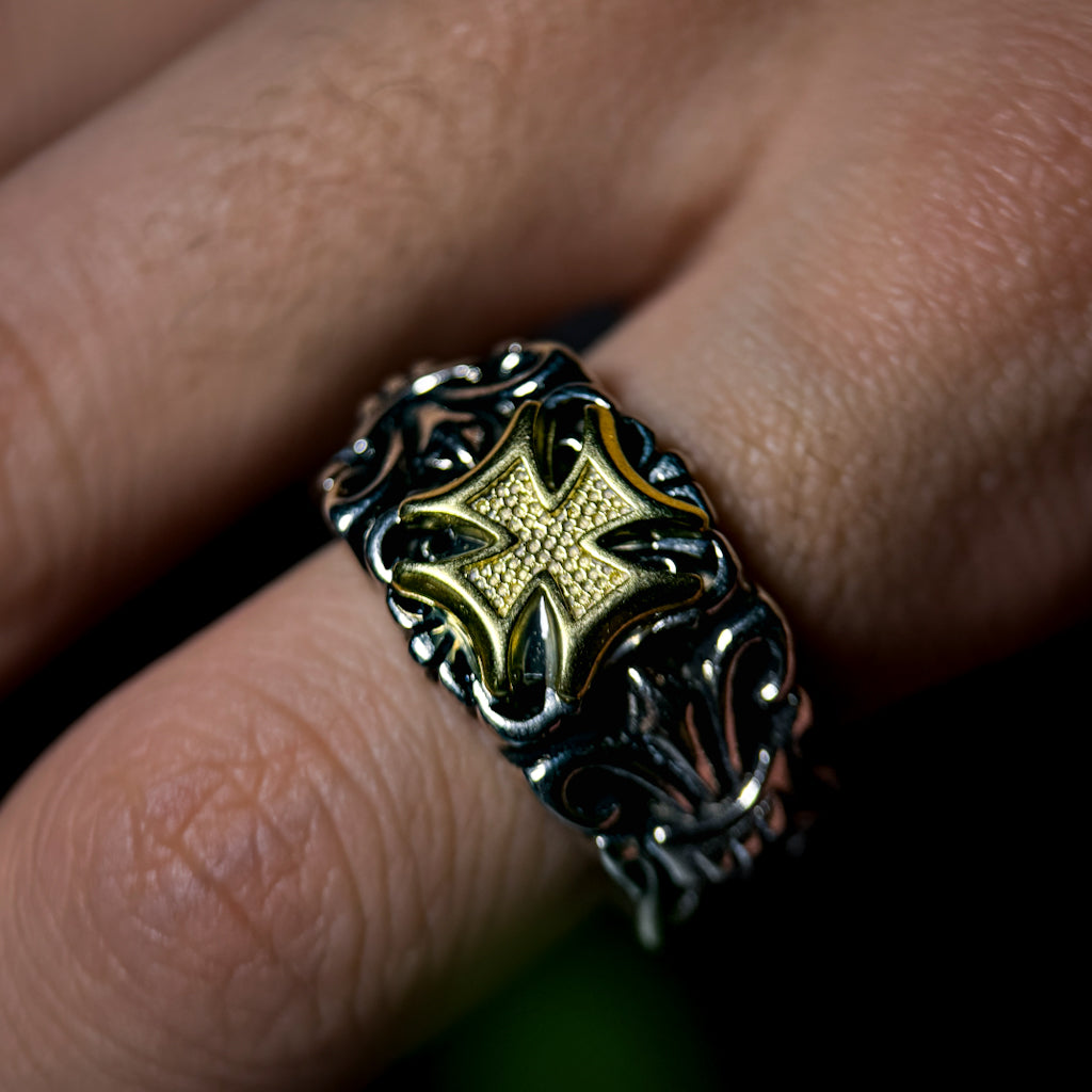 Yuuzo 925 Japan Cross Ring • Vintage Engraved Statement Open Band with Bold Brass Cross Emblem for Men & Women