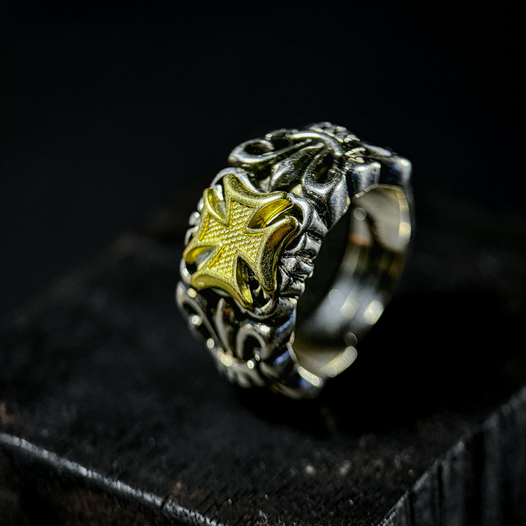Yuuzo 925 Japan Cross Ring • Vintage Engraved Statement Open Band with Bold Brass Cross Emblem for Men & Women