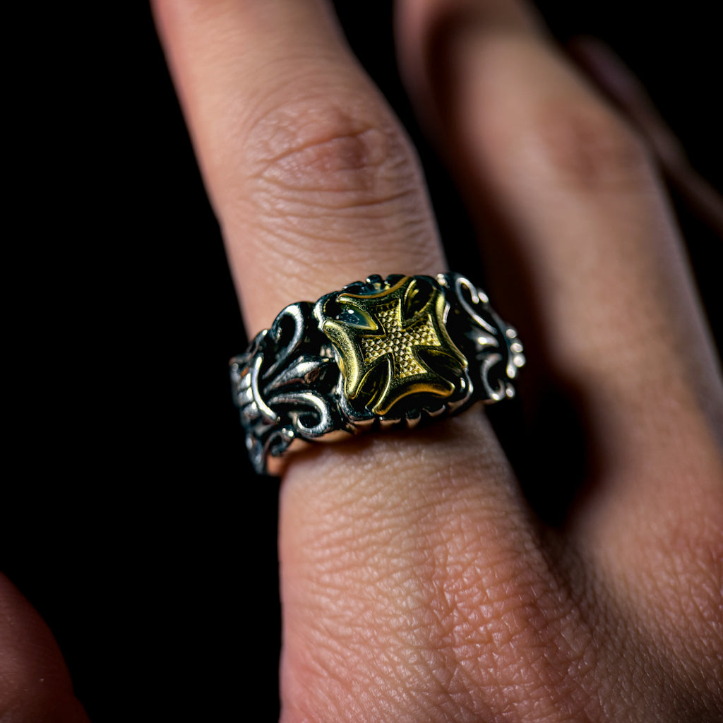 Yuuzo 925 Japan Cross Ring • Vintage Engraved Statement Open Band with Bold Brass Cross Emblem for Men & Women