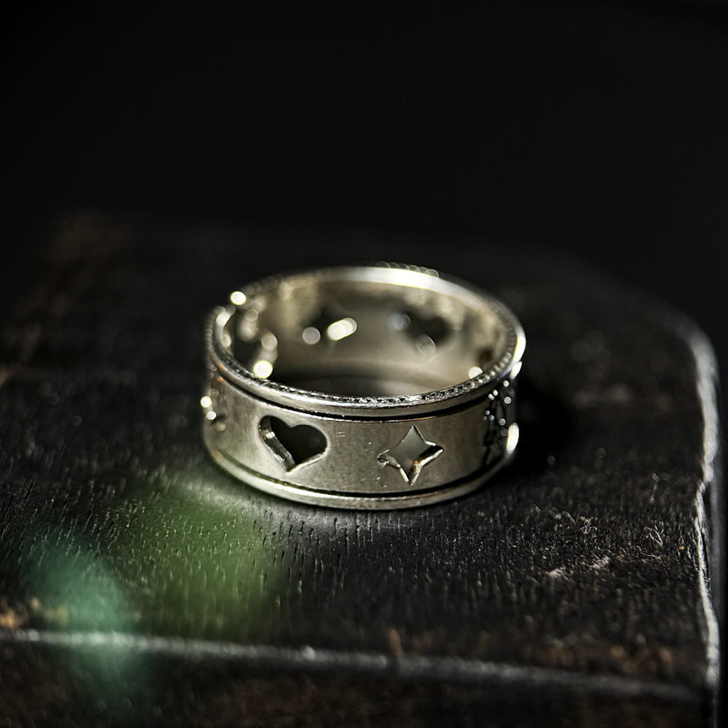 Yuuzo 925 Japan Poker Symbol Ring • Vintage Engraved Statement Band with Hollow Playing Card Design for Men & Women