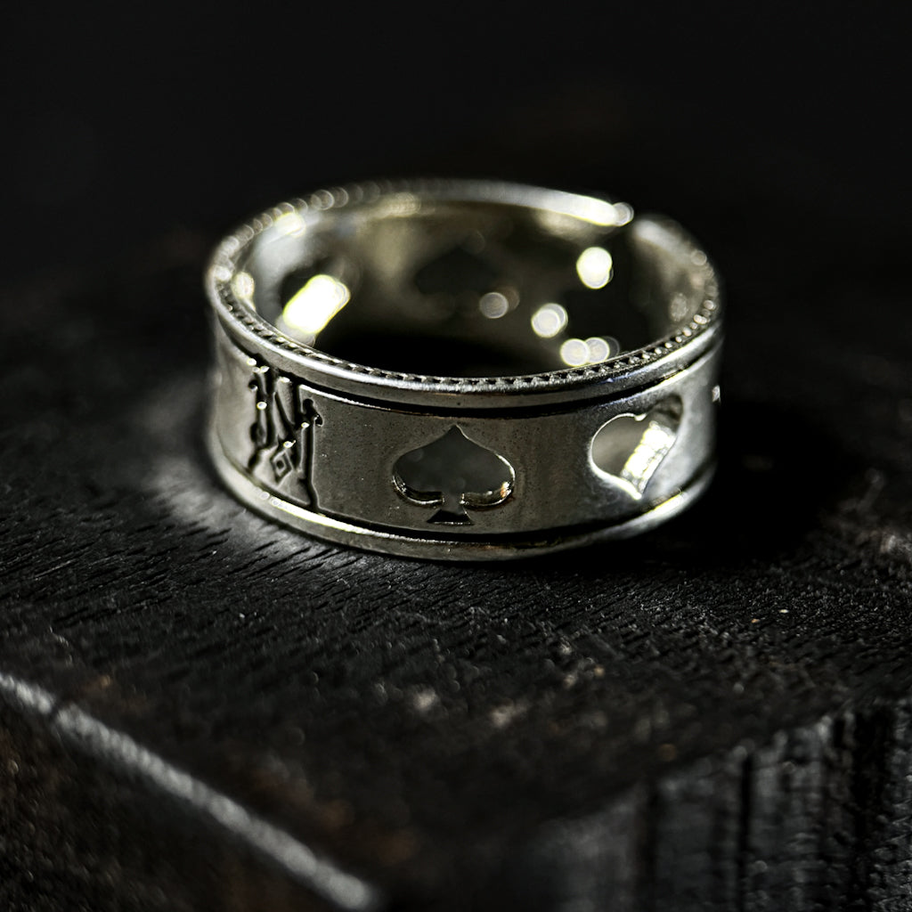 Yuuzo 925 Japan Poker Symbol Ring • Vintage Engraved Statement Band with Hollow Playing Card Design for Men & Women