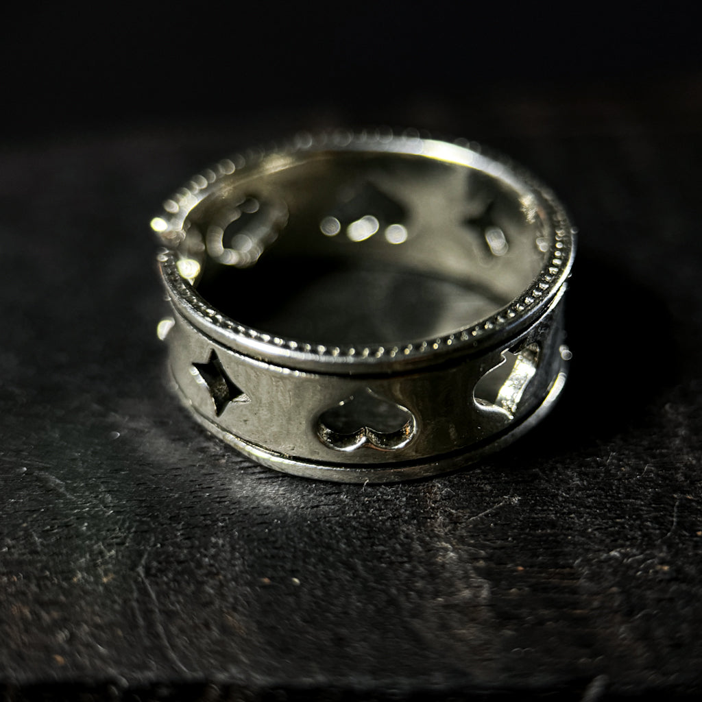 Yuuzo 925 Japan Poker Symbol Ring • Vintage Engraved Statement Band with Hollow Playing Card Design for Men & Women