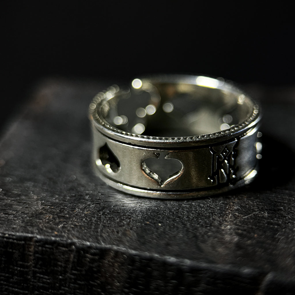 Yuuzo 925 Japan Poker Symbol Ring • Vintage Engraved Statement Band with Hollow Playing Card Design for Men & Women