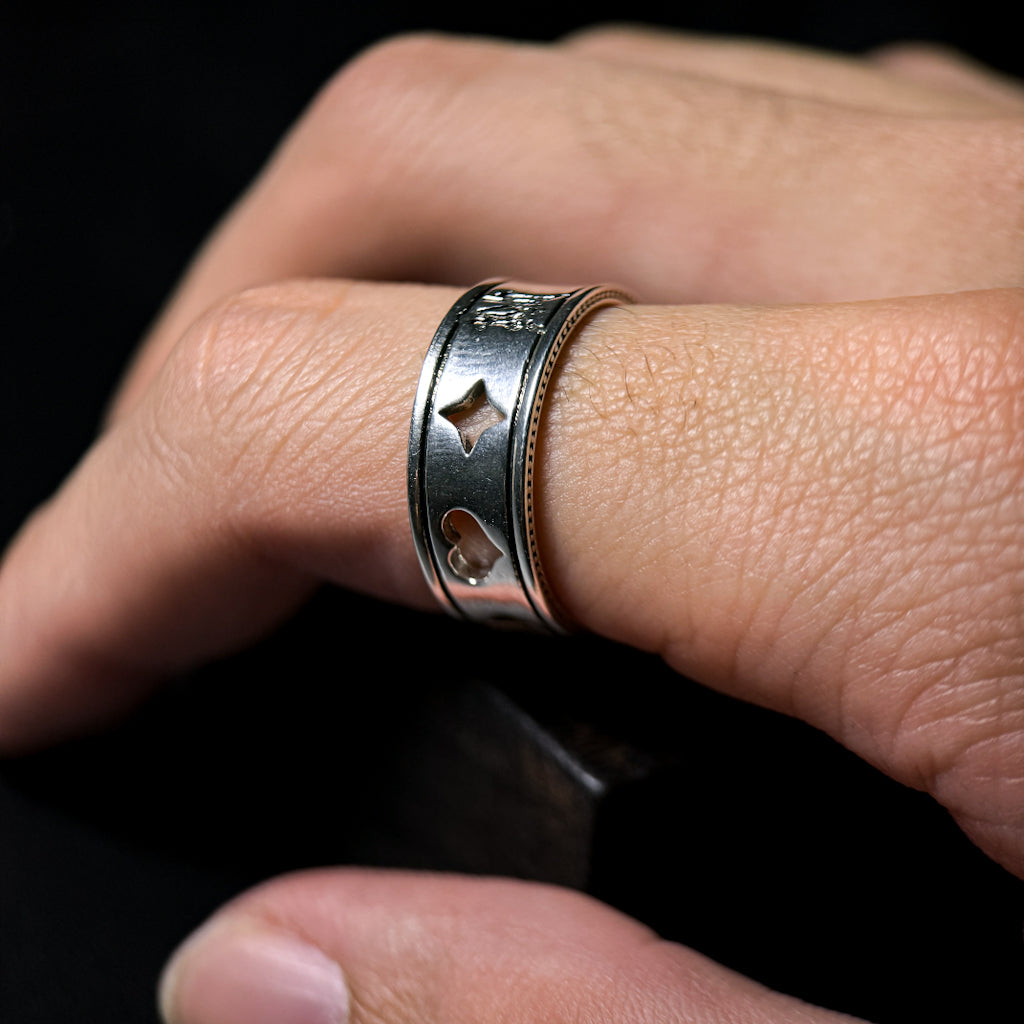 Yuuzo 925 Japan Poker Symbol Ring • Vintage Engraved Statement Band with Hollow Playing Card Design for Men & Women