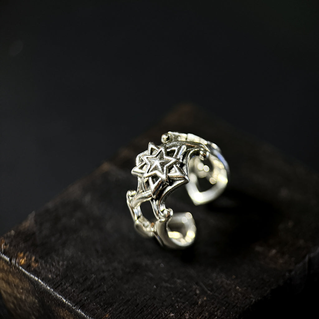 Yuuzo 925 Japan Nordic Hexagram Star Ring • Vintage Engraved Statement Open Band with Arctic Star Symbol for Men & Women
