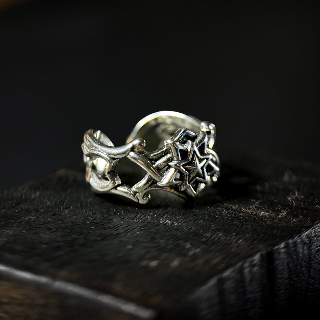 Yuuzo 925 Japan Nordic Hexagram Star Ring • Vintage Engraved Statement Open Band with Arctic Star Symbol for Men & Women