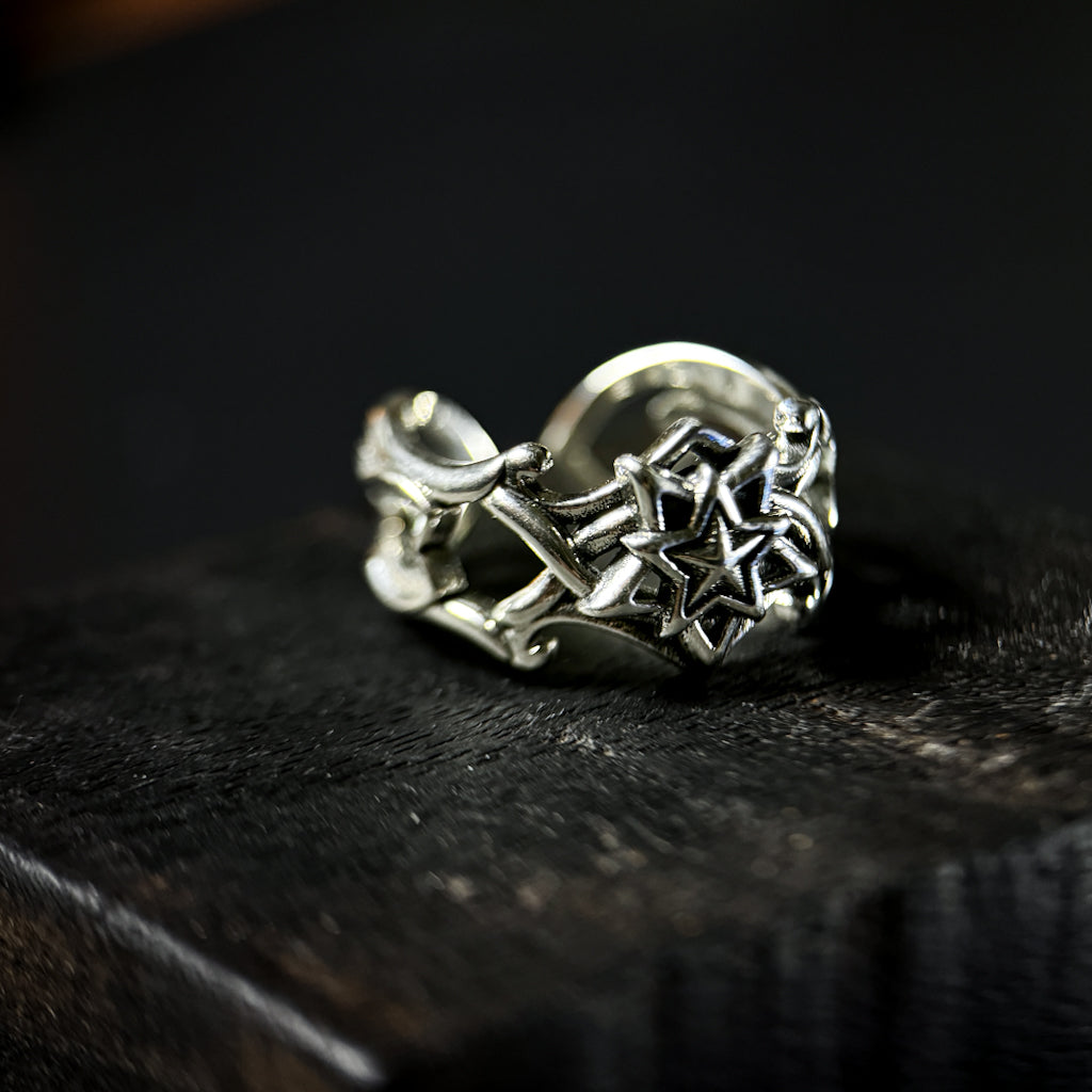 Yuuzo 925 Japan Nordic Hexagram Star Ring • Vintage Engraved Statement Open Band with Arctic Star Symbol for Men & Women