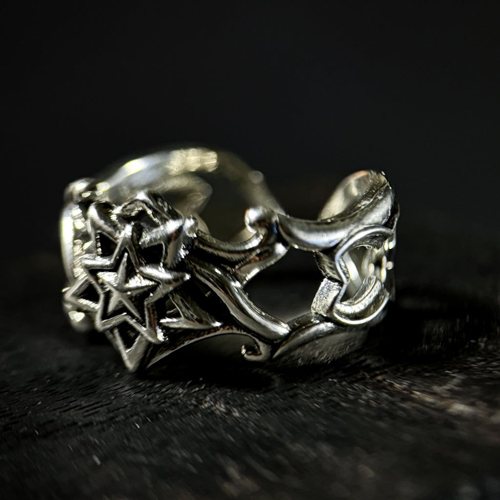 Yuuzo 925 Japan Nordic Hexagram Star Ring • Vintage Engraved Statement Open Band with Arctic Star Symbol for Men & Women