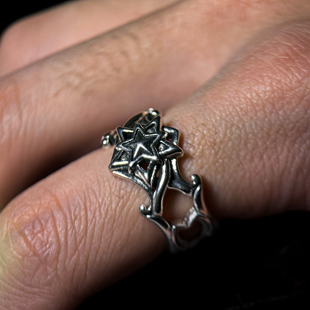 Yuuzo 925 Japan Nordic Hexagram Star Ring • Vintage Engraved Statement Open Band with Arctic Star Symbol for Men & Women