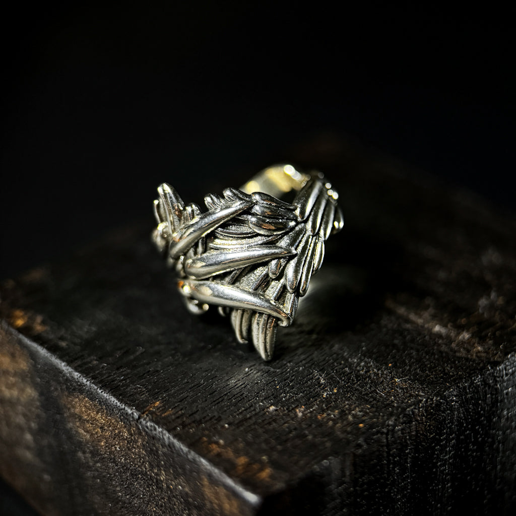 Yuuzo 925 Japan Angel Wing Ring • Vintage Engraved Statement Band with Layered Feather Wing Design for Men & Women